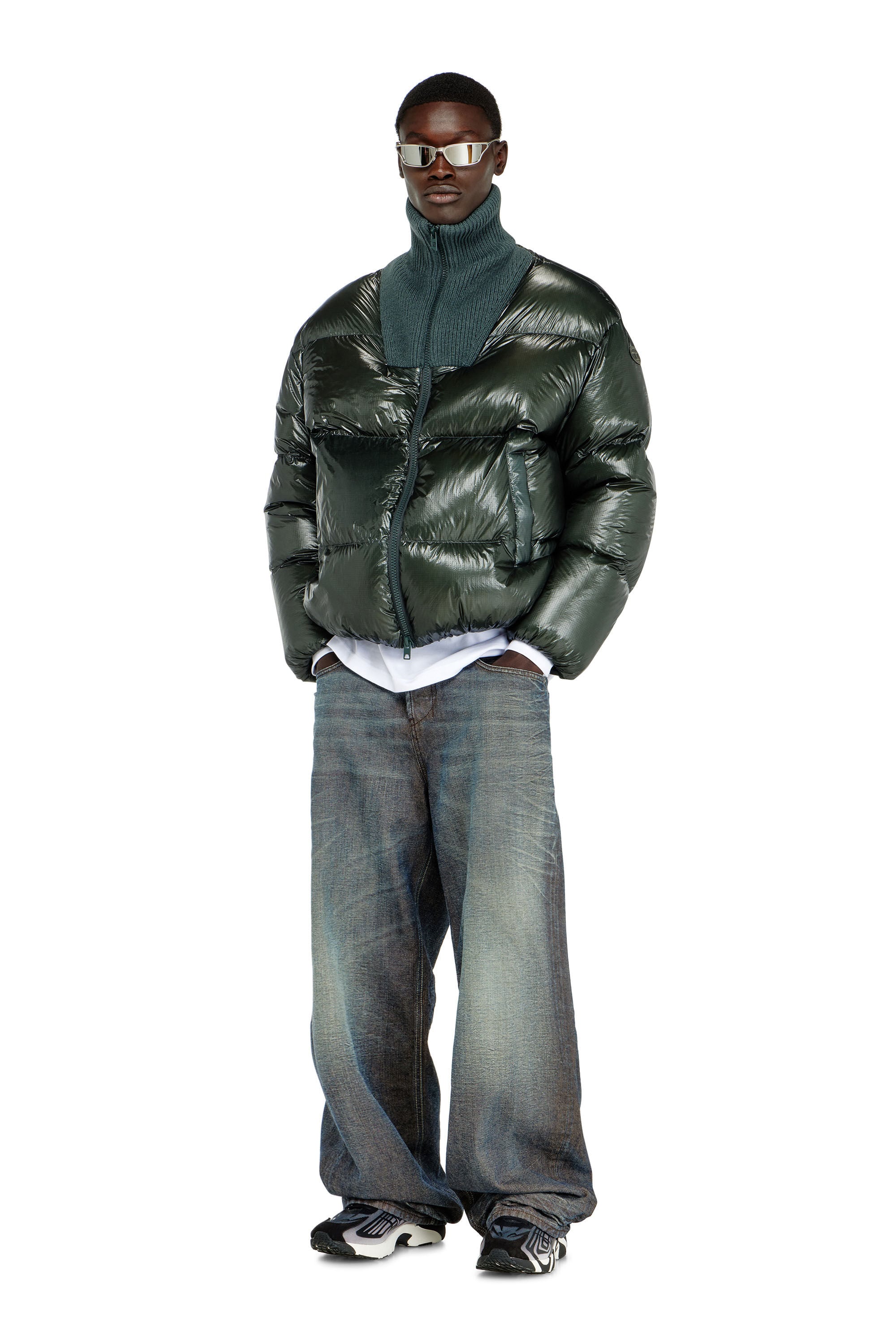 Diesel - W-RIBB, Man's Down puffer jacket in ripstop with ribbed collar in Dark Green - 1