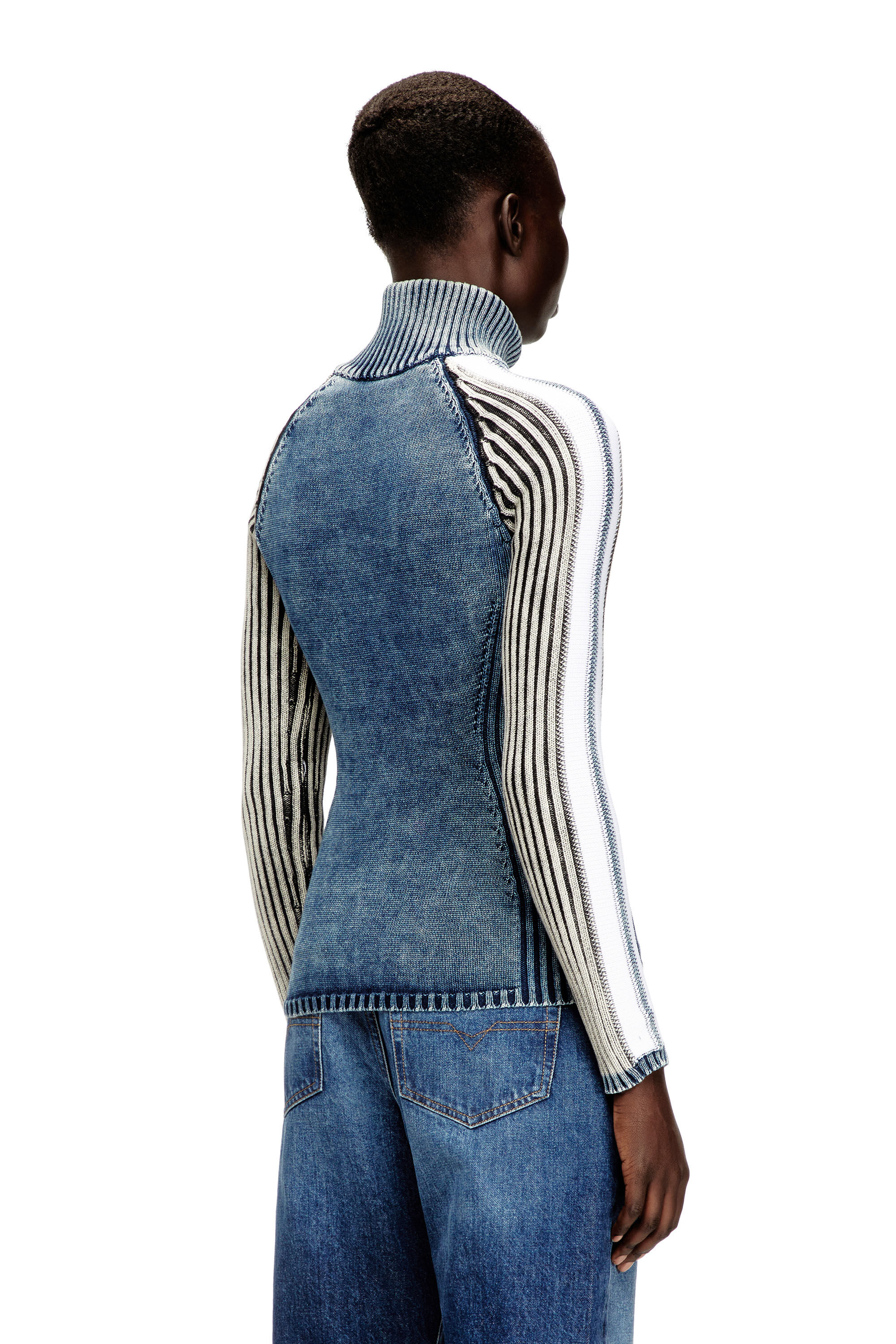 Diesel - M-ESTRELLA, Woman's Zip-up cardigan with sporty bands in Blue/White - 4