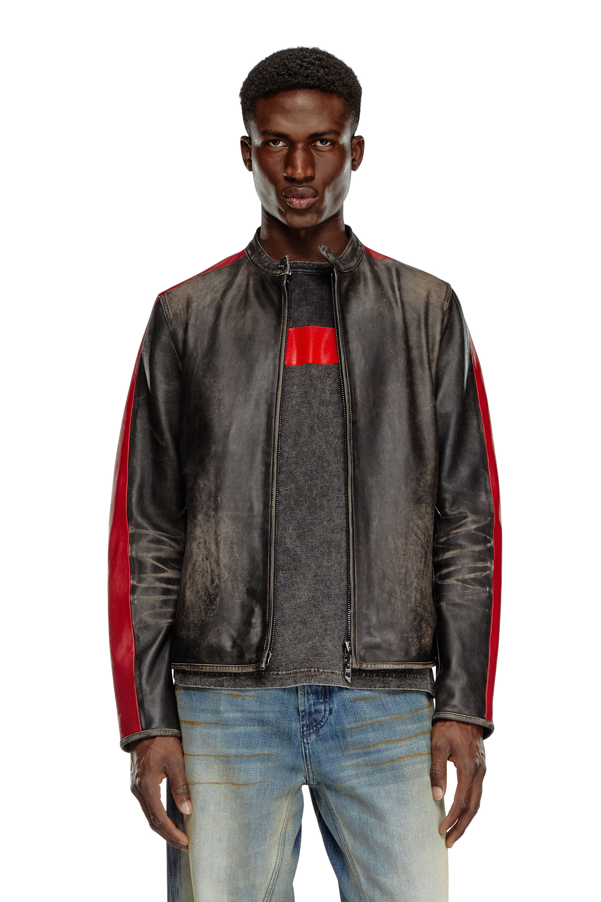 Men's Leather jacket with contrasting stripes | Multicolor | Diesel