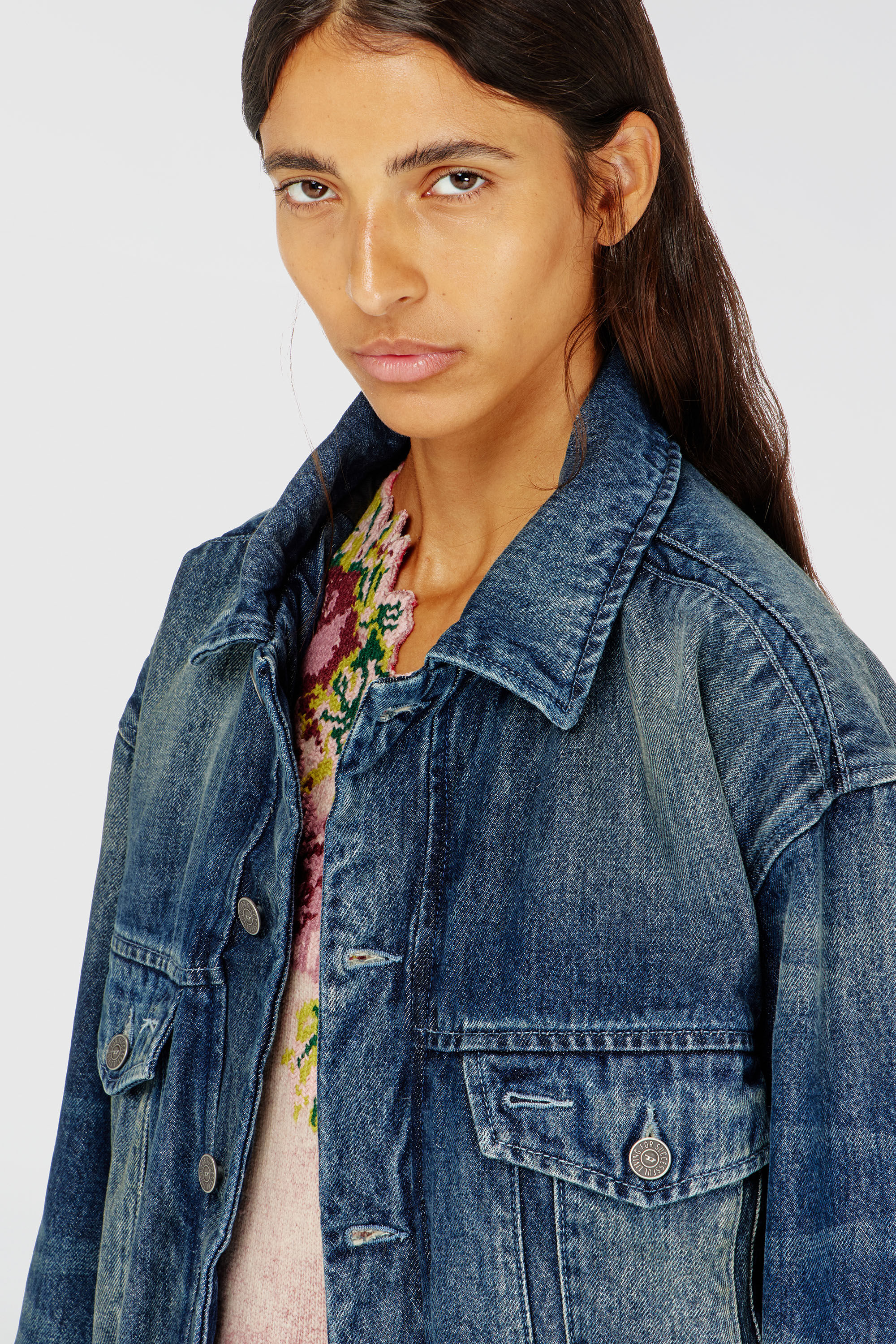 Diesel - DE-MORVI-FSJ, Woman's Elasticated trucker jacket in denim in Dark Blue - 5