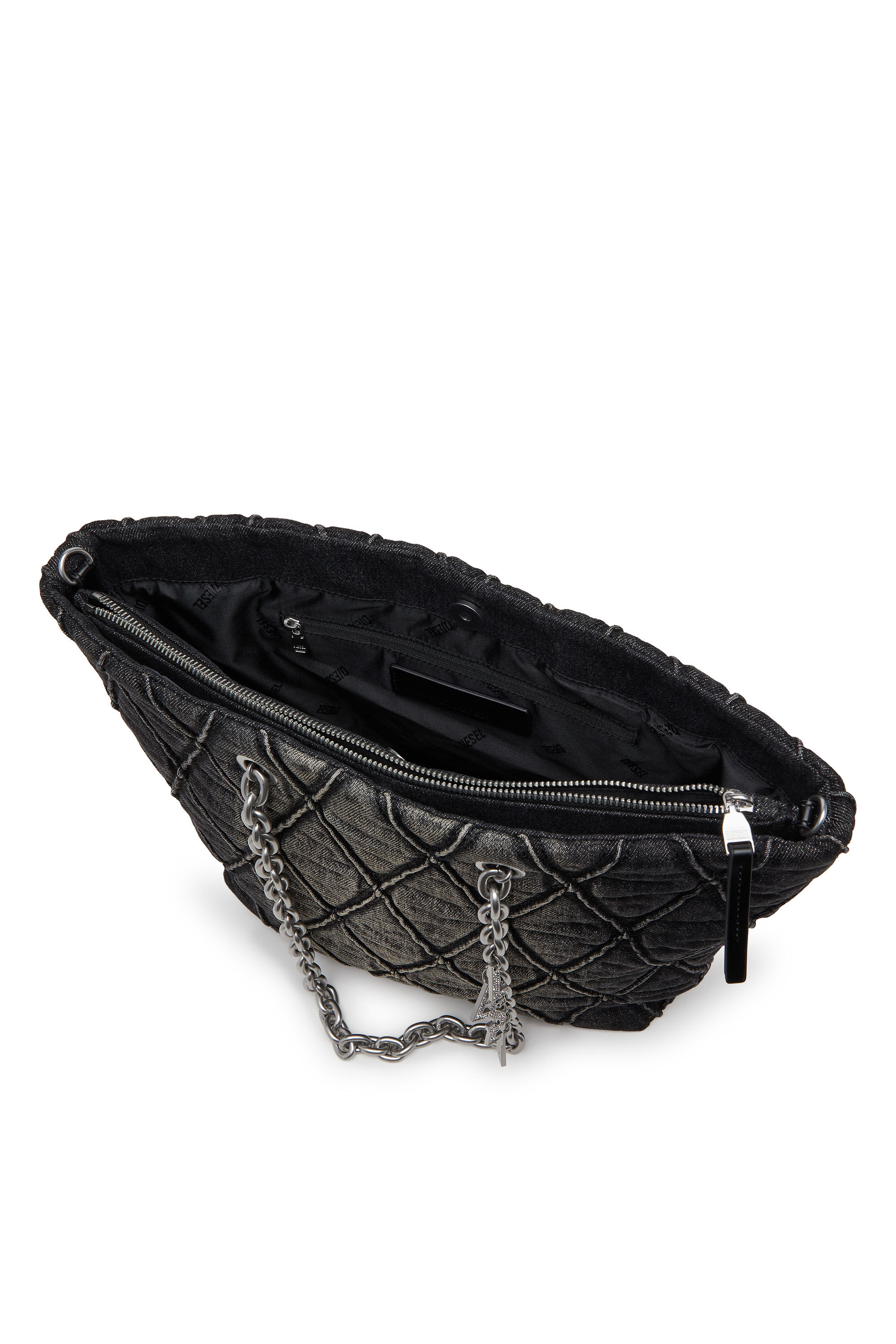 Diesel - CHARM-D SHOPPER M, Woman's Charm-D-Tote bag in quilted denim in Black - 3