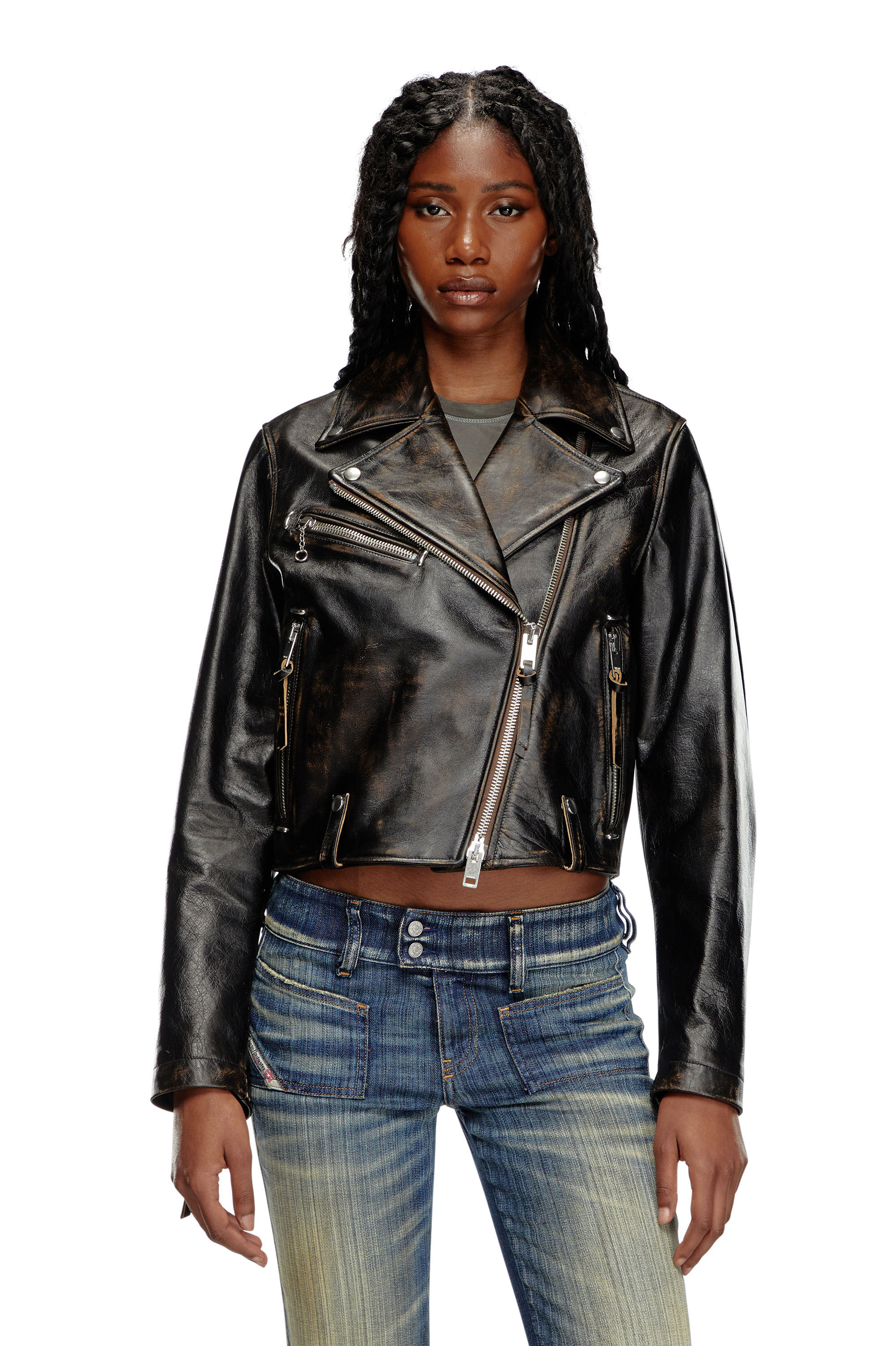 Women s distressed jacket in treated leather Diesel L EDMEA CL
