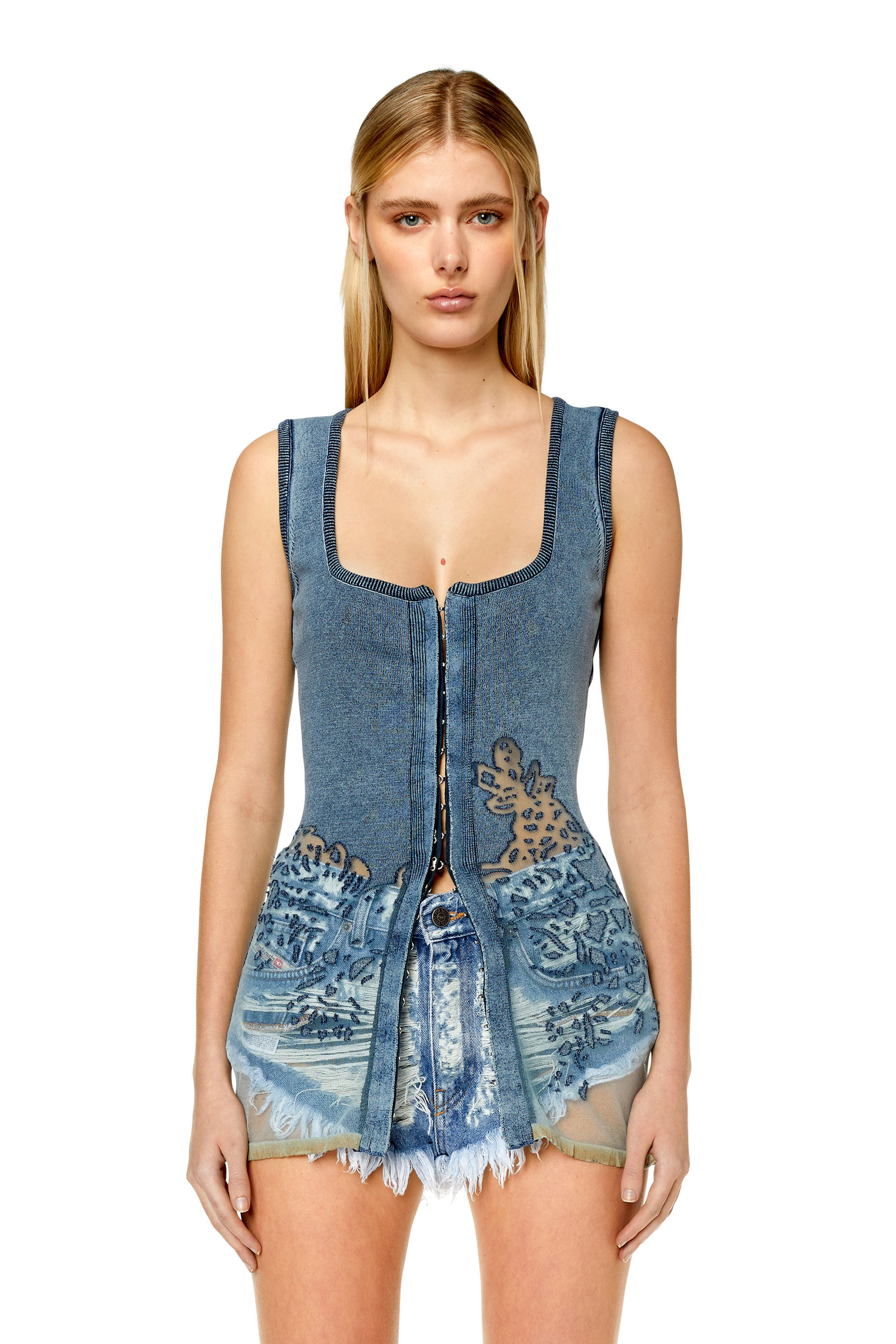 Diesel - M-ANDIA, Woman's Sleeveless cardigan with burnout pattern in Blue - 3