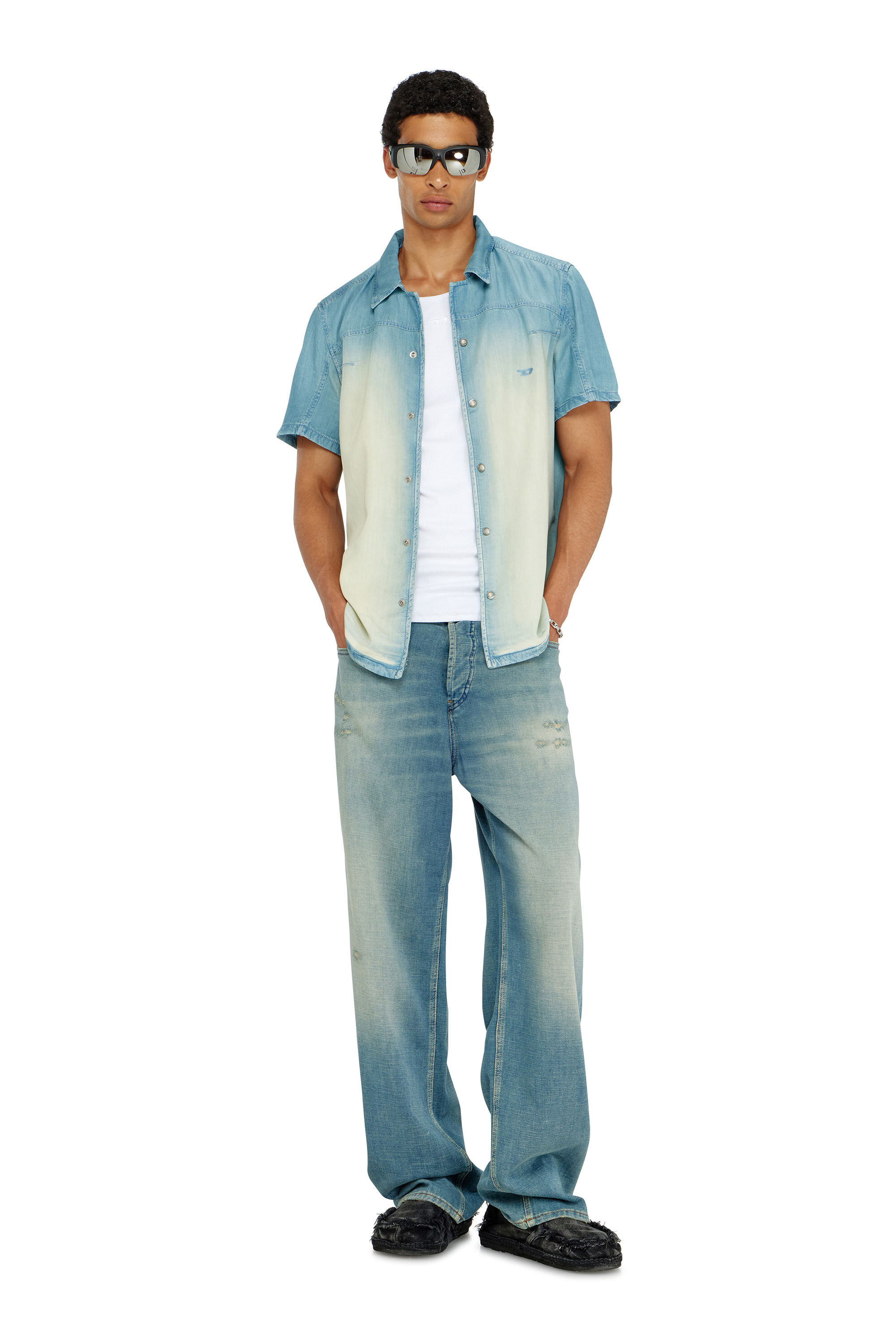 Diesel - D-CLARIVO-S, Man's Short-sleeve shirt in fluid overdyed denim in null - 1