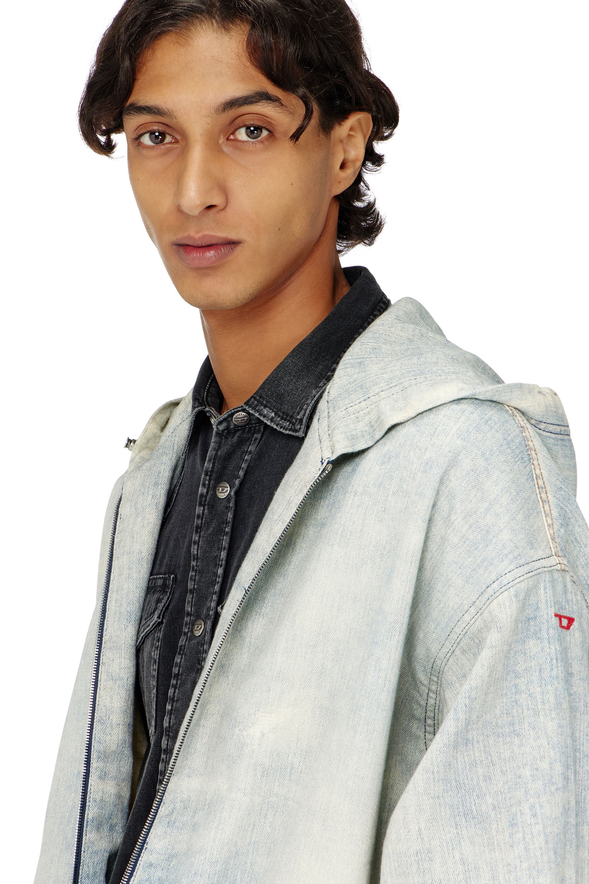 Diesel - D-WYNNY JOGG, Man's Hooded JoggJeans jacket with trompe l&rsquo;oeil in Light Blue - 5