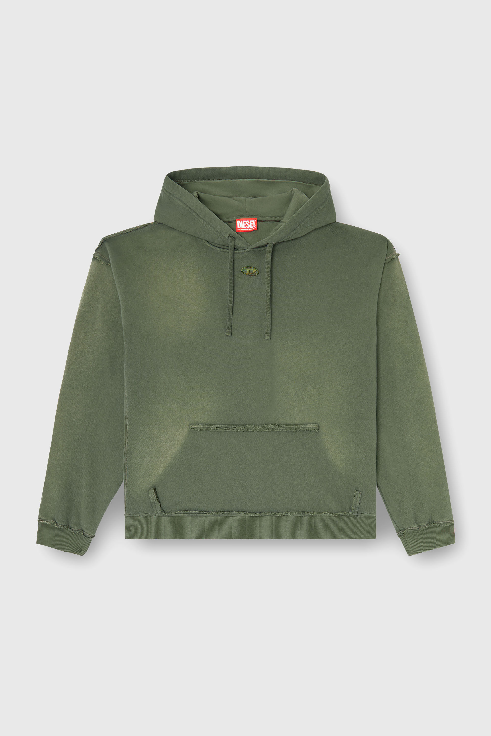 Diesel - S-POCK-HOOD, Man's Faded cotton hoodie with frayed details in Military Green - 2