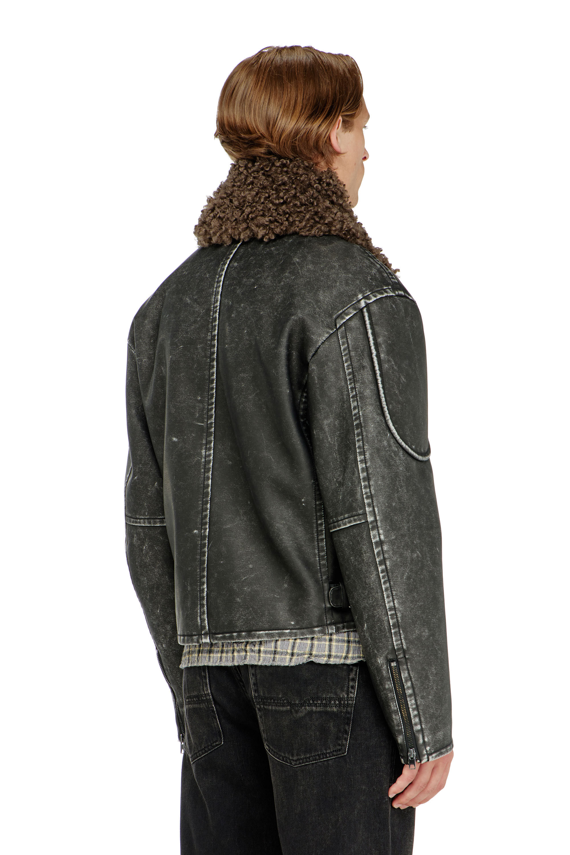 Diesel - W-ALEX, Man's Biker jacket with detachable collar in Dark grey - 4