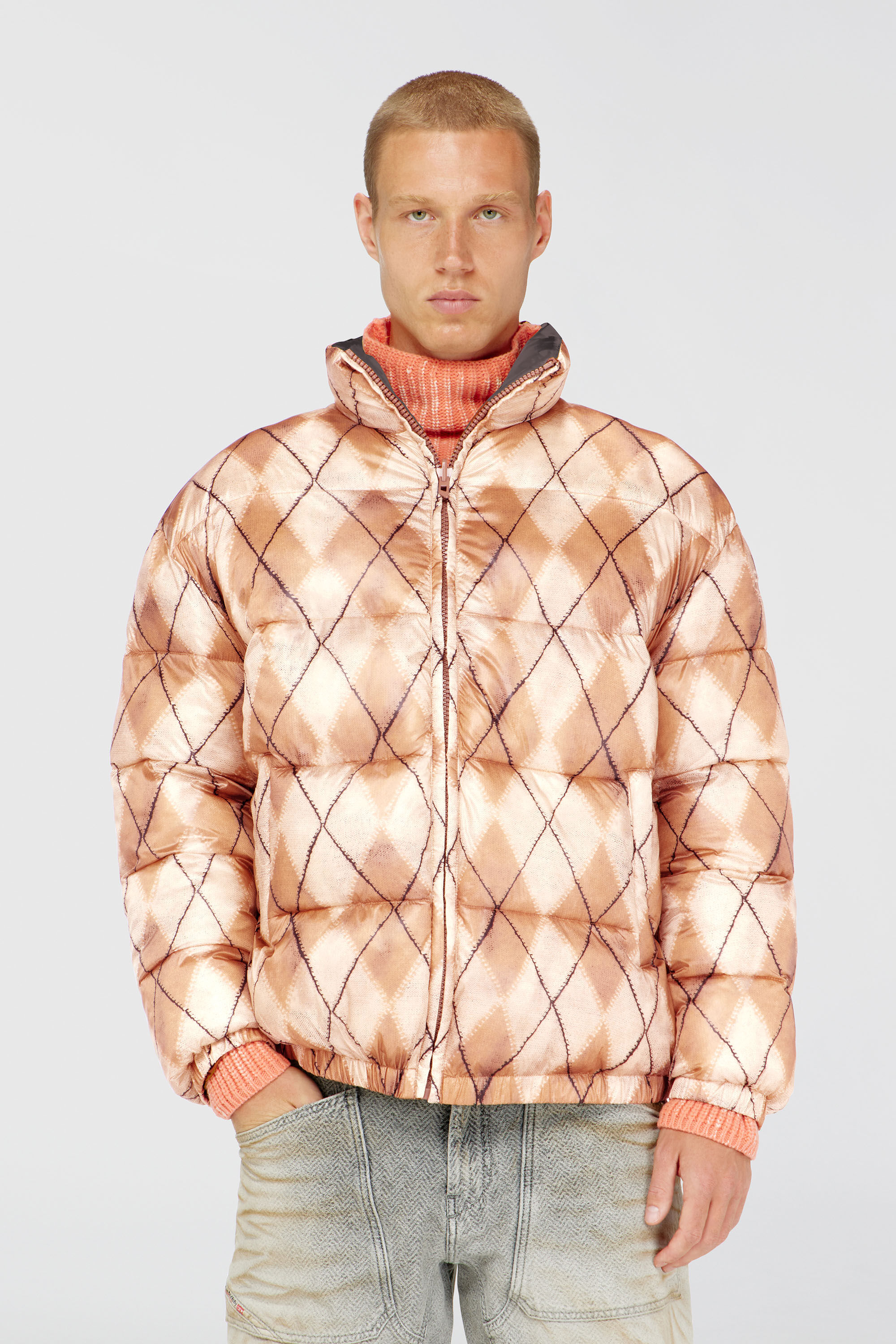 Diesel - W-BOURB-DLCK, Man's Reversible puffer jacket with argyle print in Beige/Grey - 3