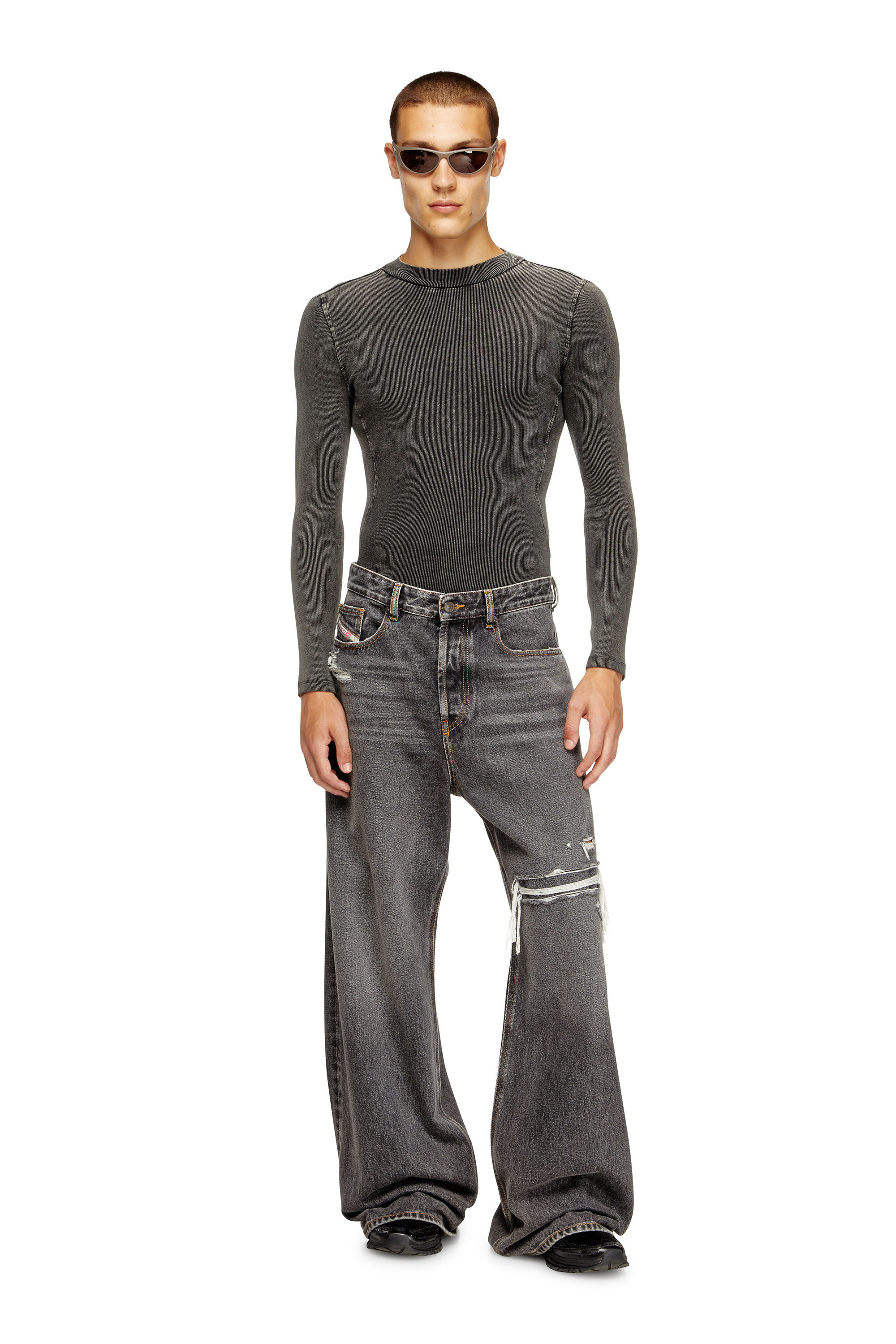 【DIESEL】D-RISE 007F6 ダメージ加工 ワイドデニム W28 D-RISE Man: Oversized Regular Black/Dark grey Jeans | Diesel