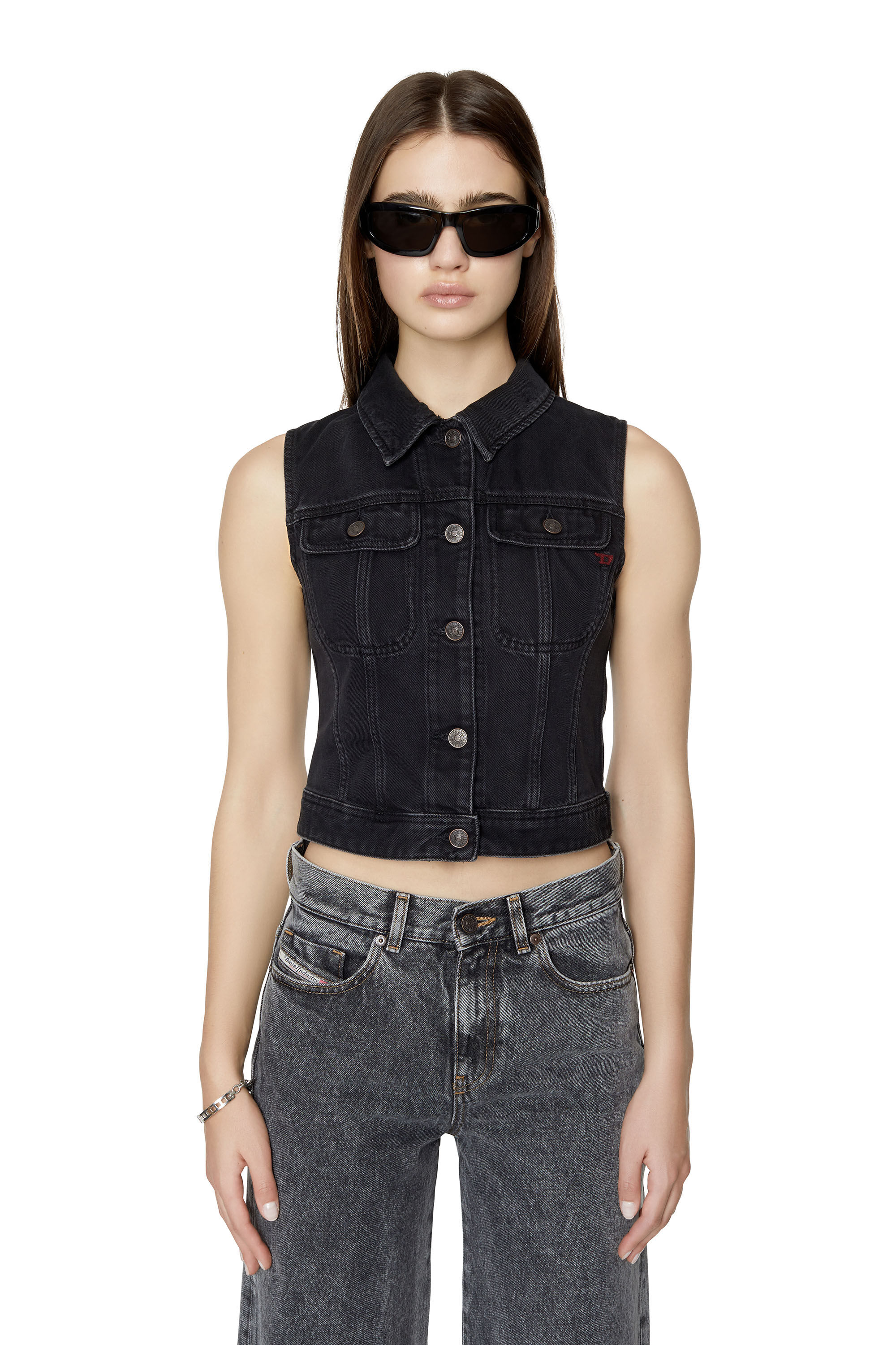 Diesel - DE-SLIMMY-SM, Woman's Slim-fit sleeveless trucker jacket in Black/Dark grey - 3