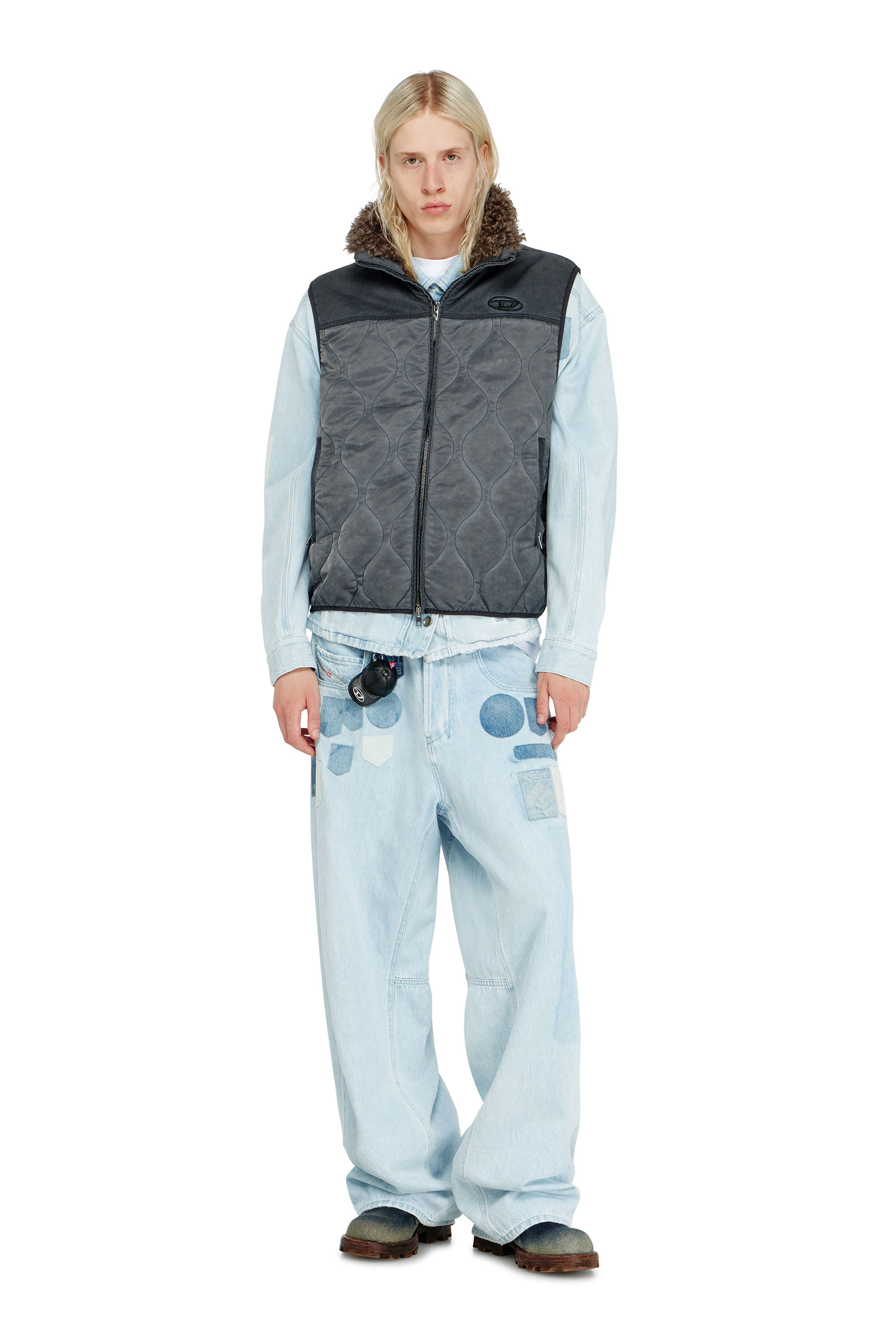 Diesel - J-ALVAR, Man's Quilted vest with fluffy neck lining in Dark grey - 1