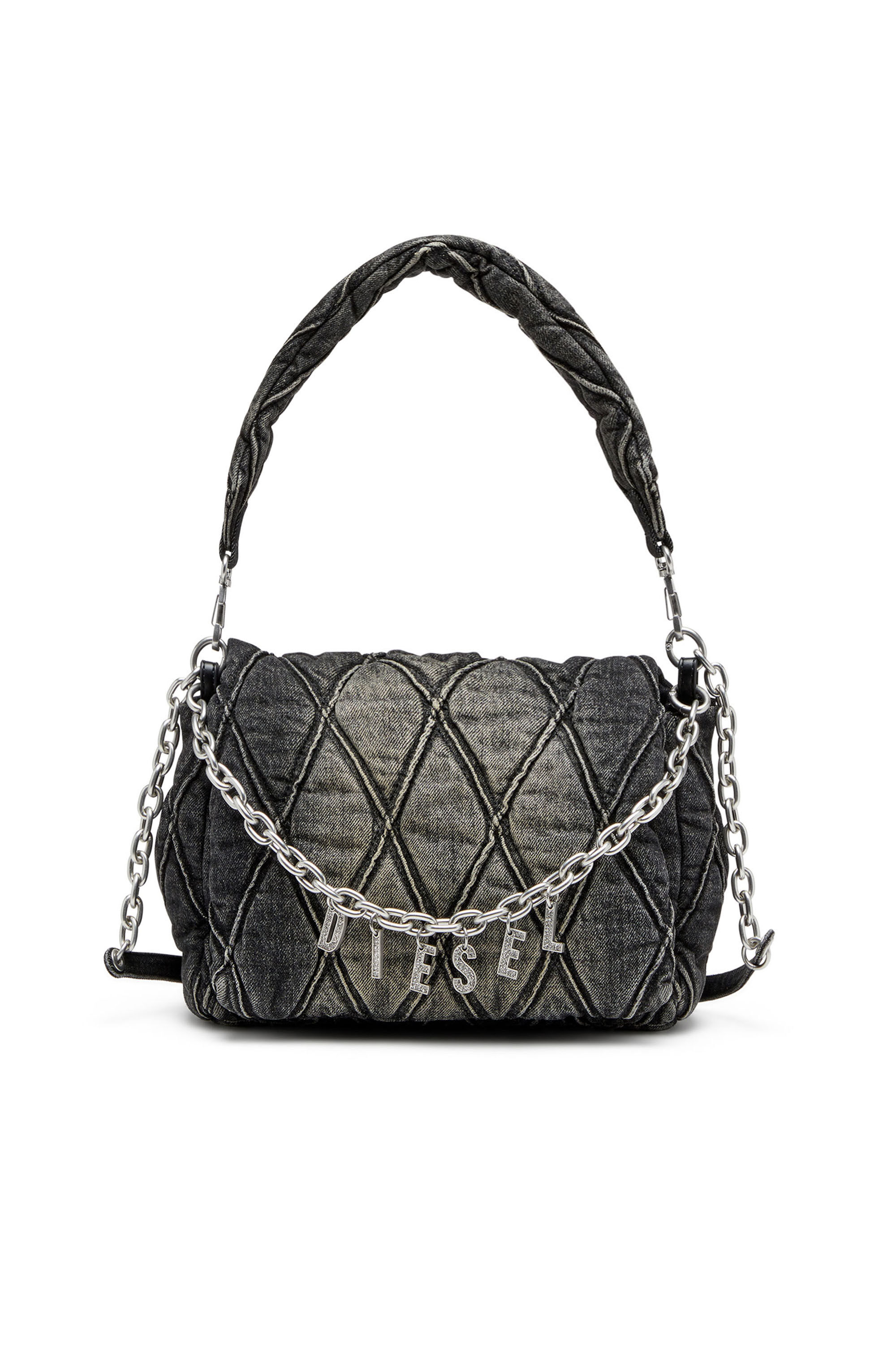 Women's Charm-D Shoulder M bag in quilted Denim | Black | Diesel