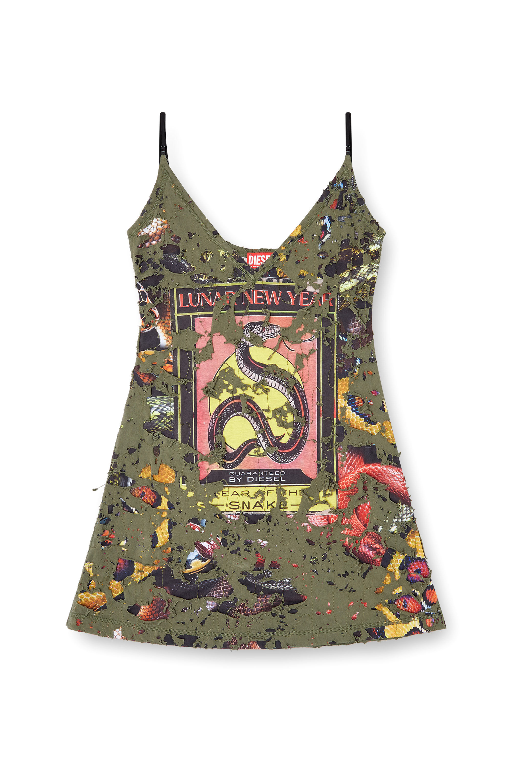 Diesel - CL-D-JENA-DEV-SNAKE, Woman's Destroyed snake-print slip dress in Olive Green - 2