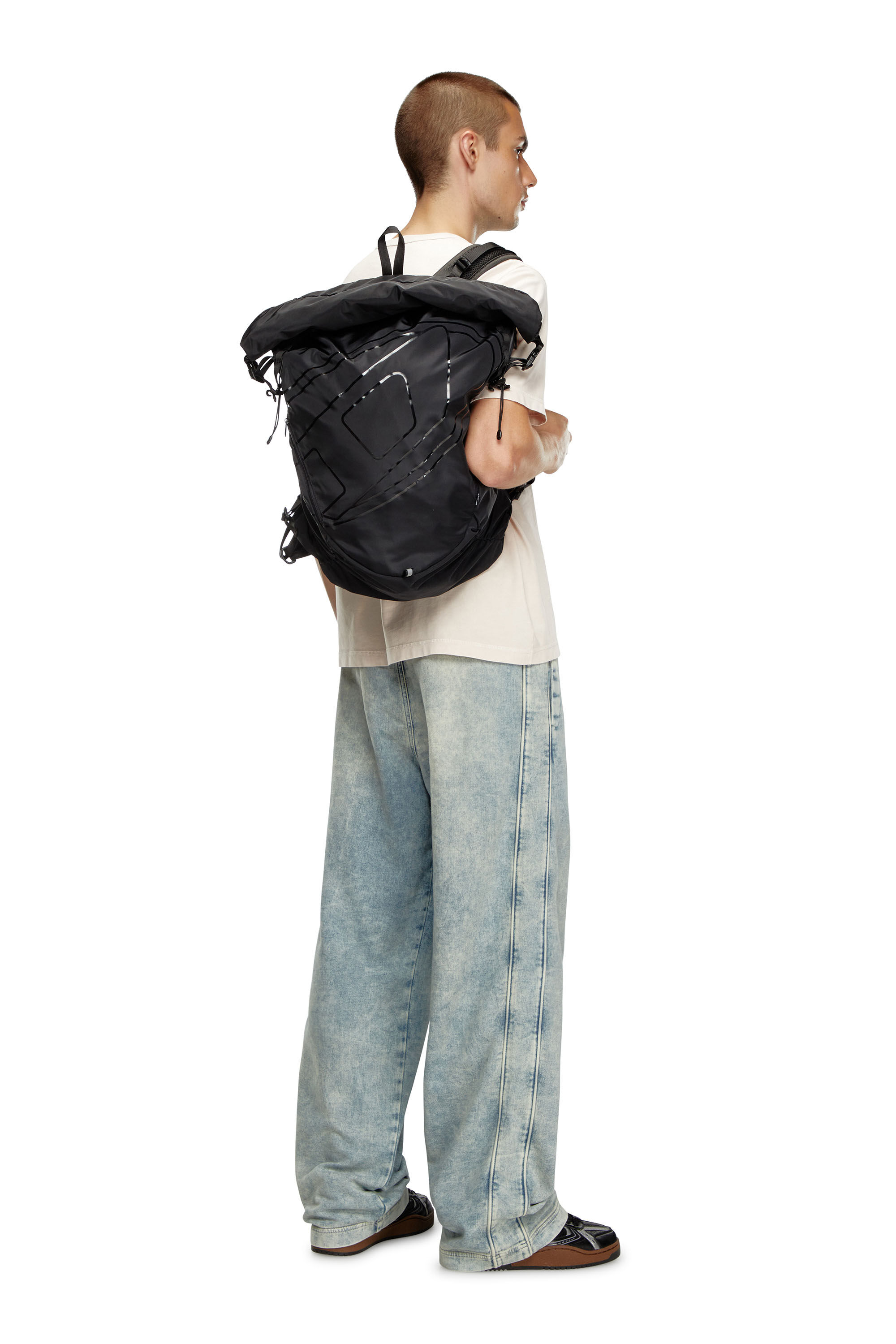 Men s Drape Nylon roll top backpack Black Diesel