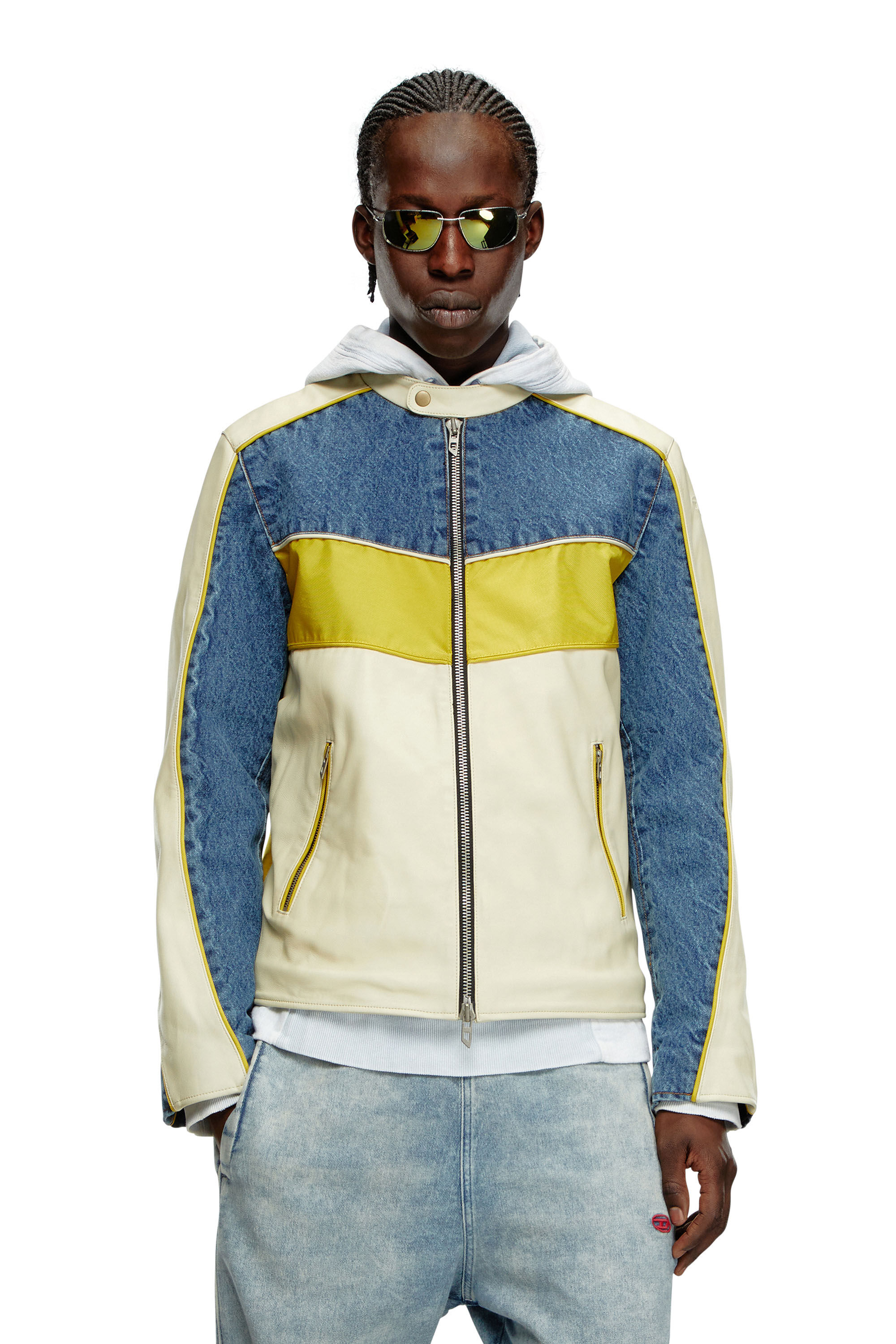 Men s Denim and shell panelled leather jacket Multicolor Diesel