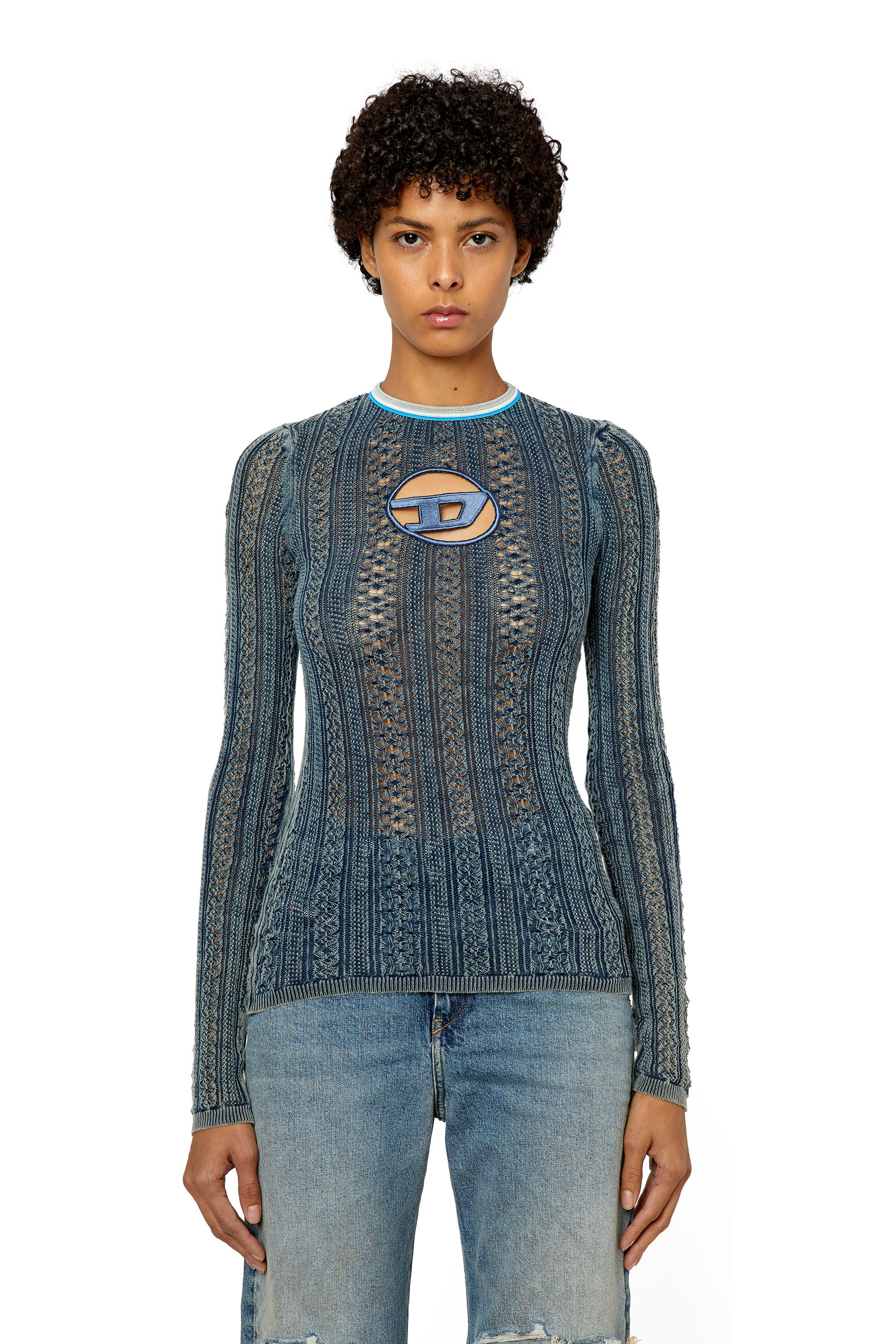 Diesel - M-IKYLA, Woman's Pointelle jumper with oval D cutout in Blue - 5