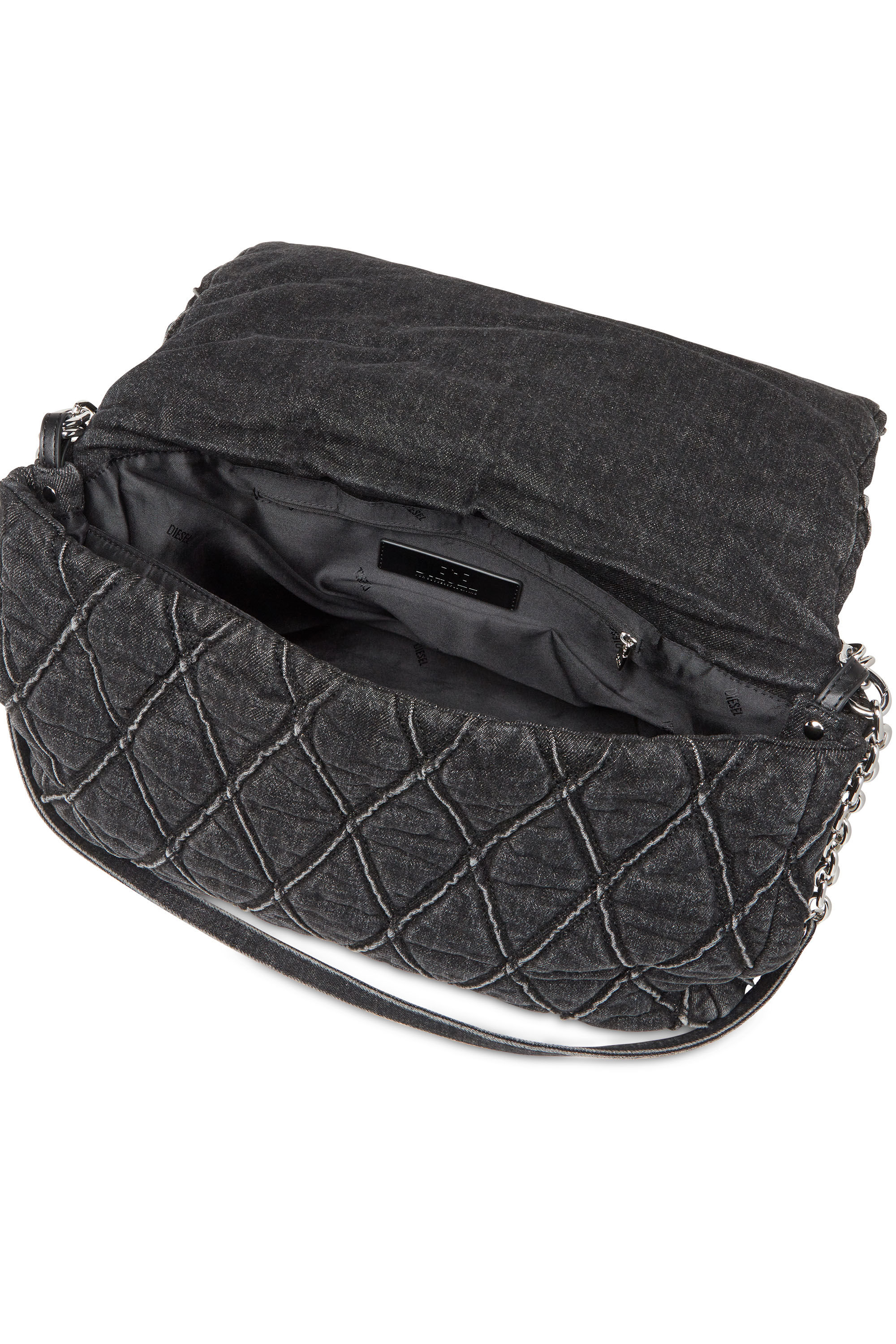 Women's Charm-D Shoulder L bag in quilted Denim | Black | Diesel Women's Charm-D Shoulder L bag in quilted Denim | Black | Diesel