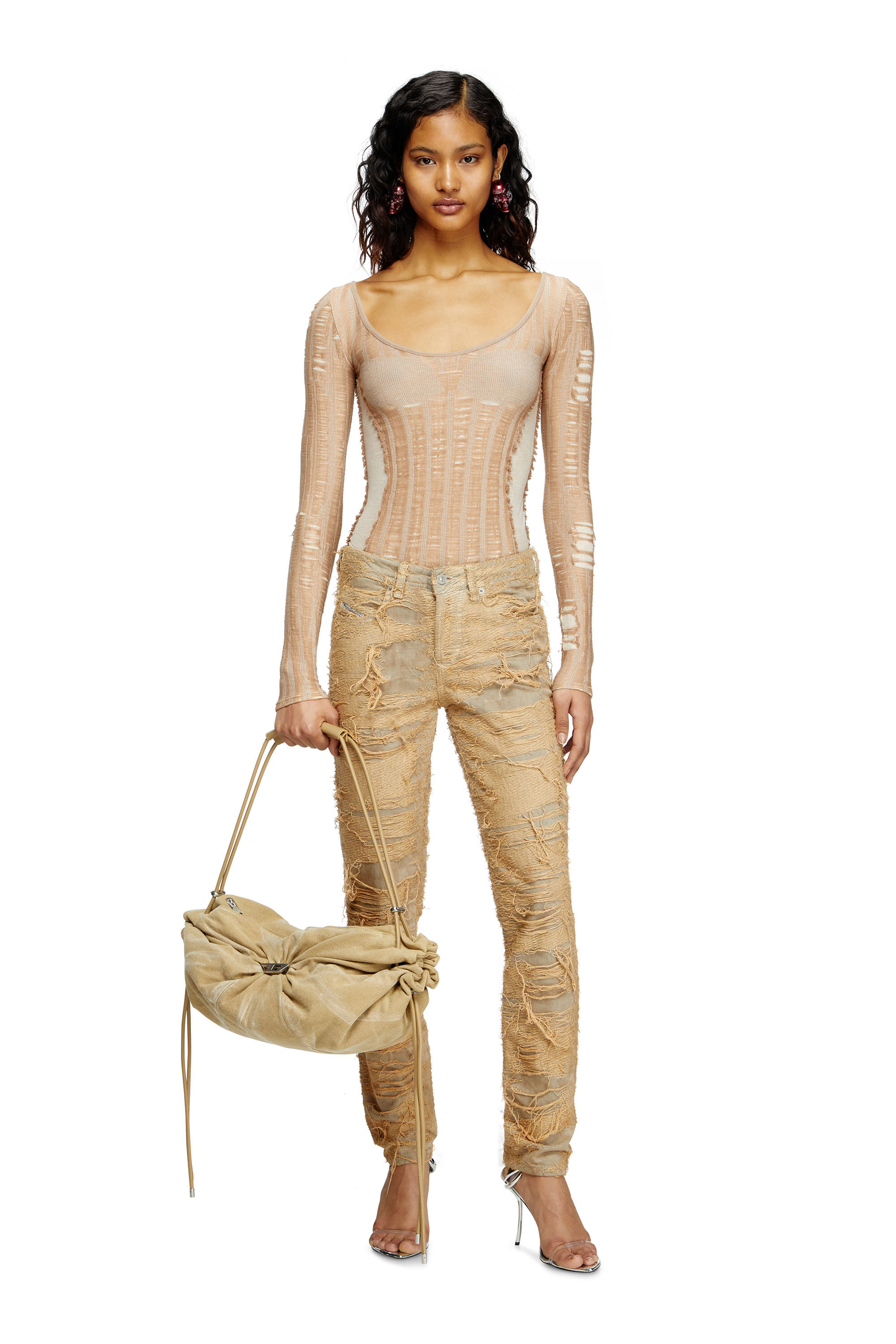 Diesel - M-CALAI, Woman's Seamless top with lingerie illusion in Beige - 1