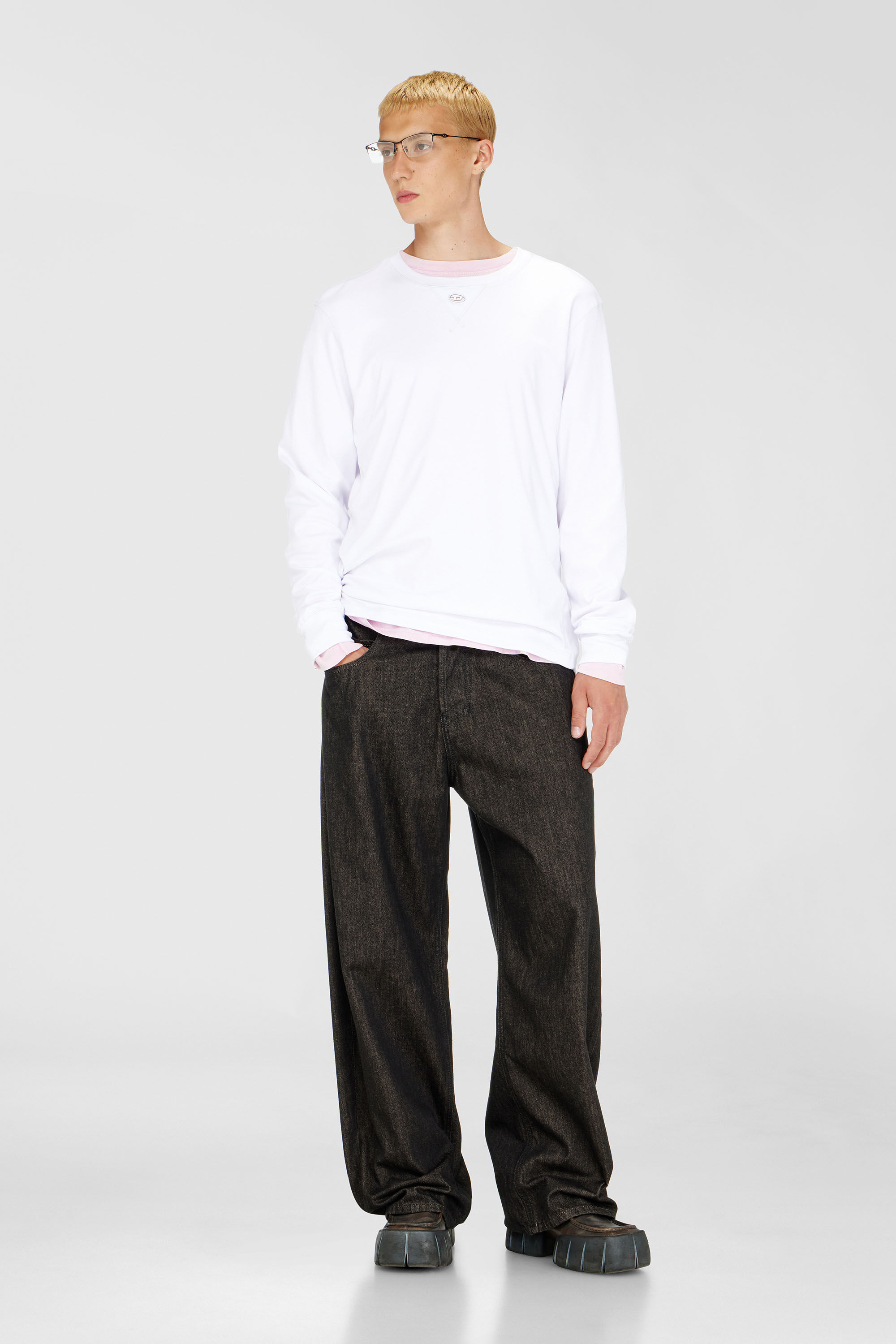 Diesel - T-MADJUST-LS-TR, Man's Cotton long-sleeve T-shirt with Oval D in White - 1