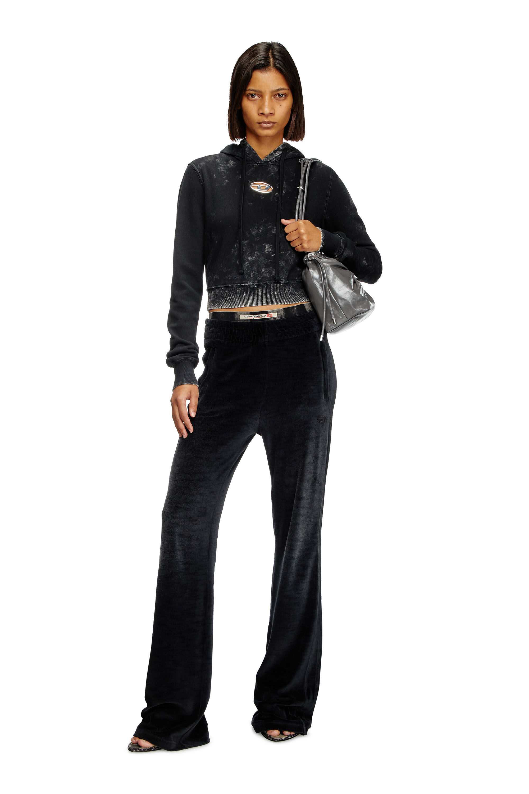 Diesel - F-SLIMMY-HOOD-P5, Woman's Faded cut-out hoodie with metal logo in Black - 1