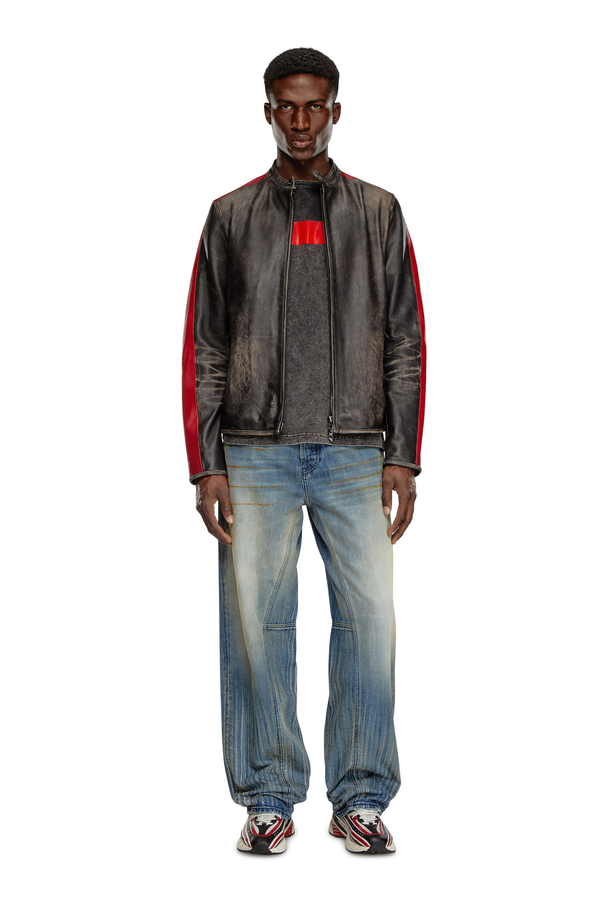 Men s Leather jacket with contrasting stripes Multicolor Diesel
