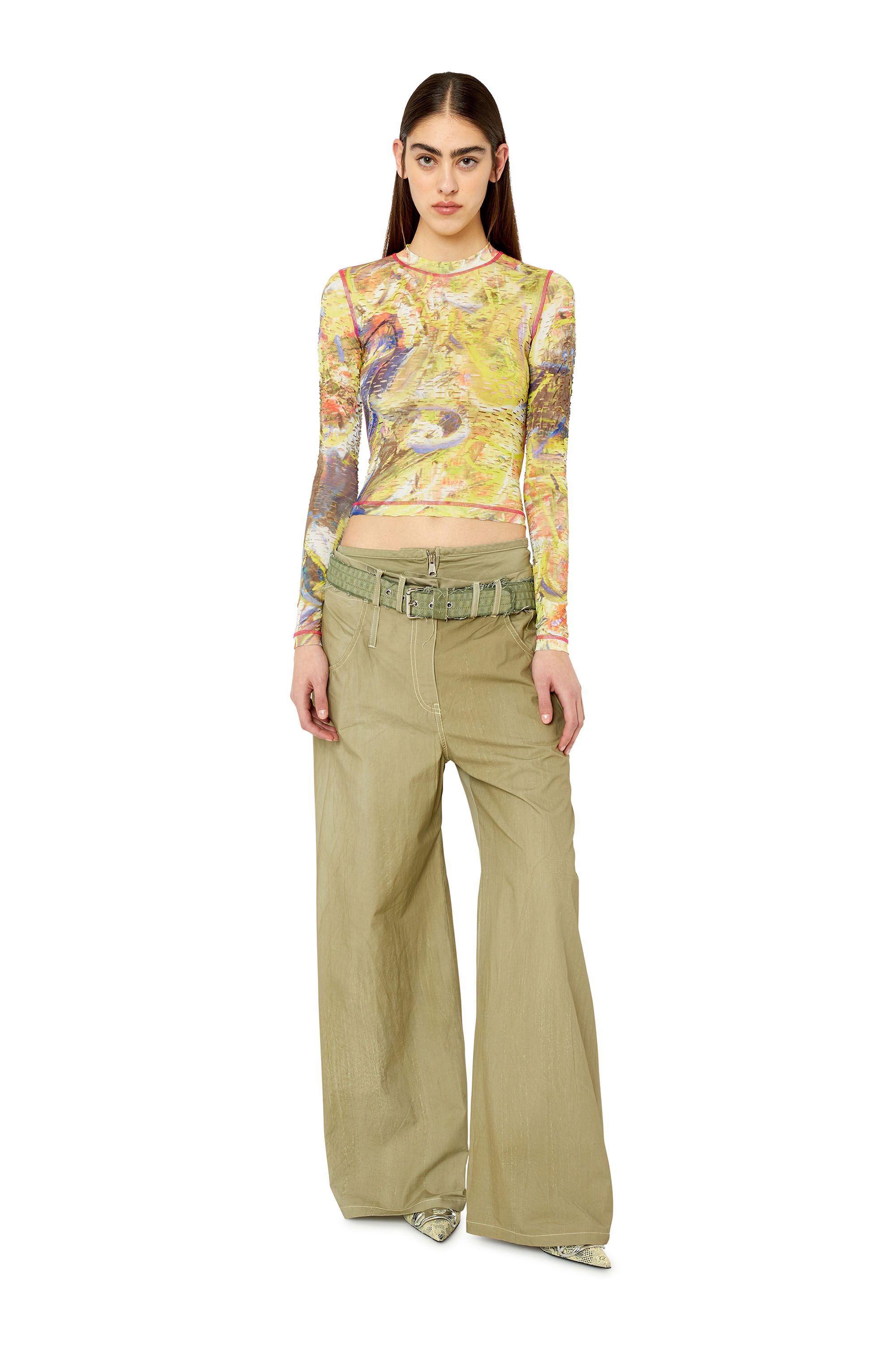 Diesel - T-CLADDY, Woman's Laser-cut top with abstract print in White/Yellow - 1