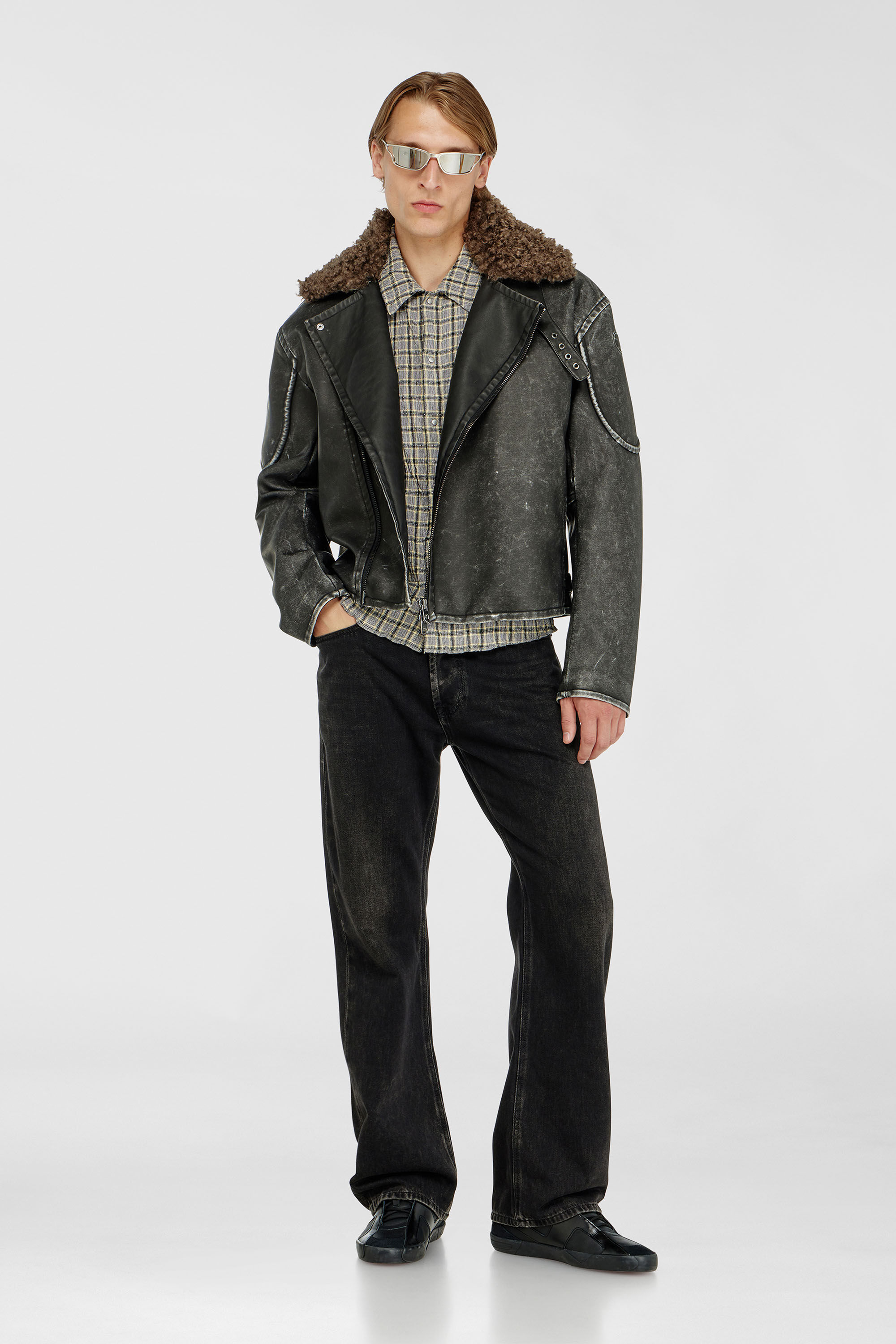 Diesel - W-ALEX, Man's Biker jacket with detachable collar in Dark grey - 1