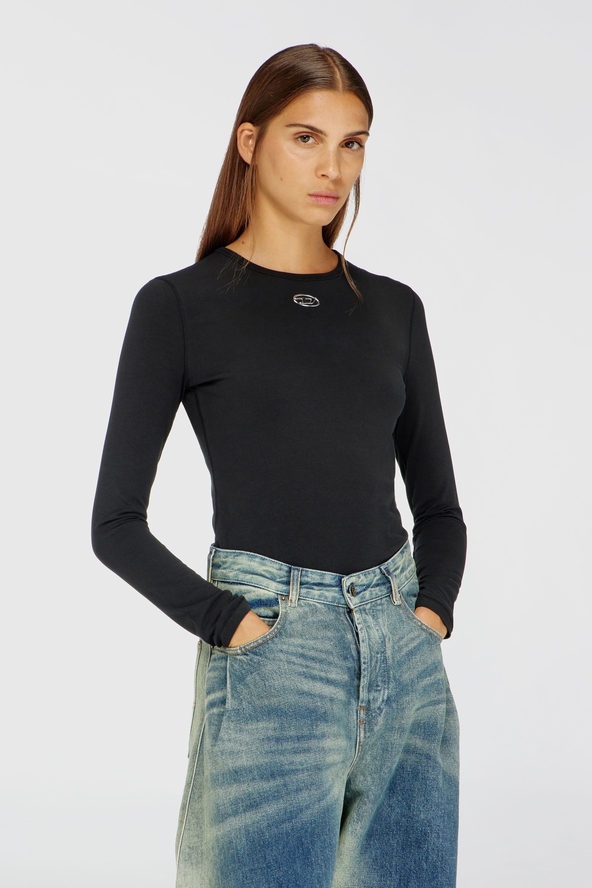 Diesel - T-UNCUTIESLONG-LS-OD, Woman's Cotton sweater with Oval D logo in Black - 3