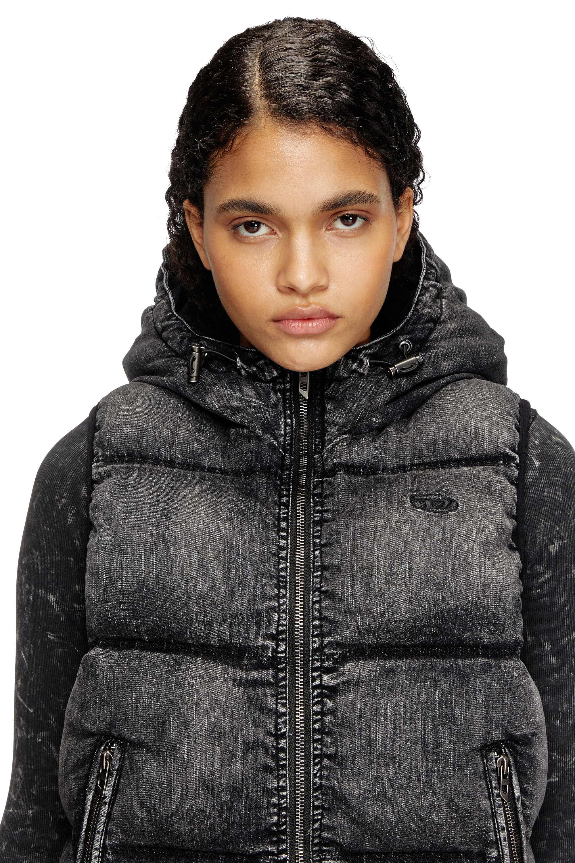 Diesel - W-HOPPER, Woman's Hooded puffer vest in faded denim in Black - 5