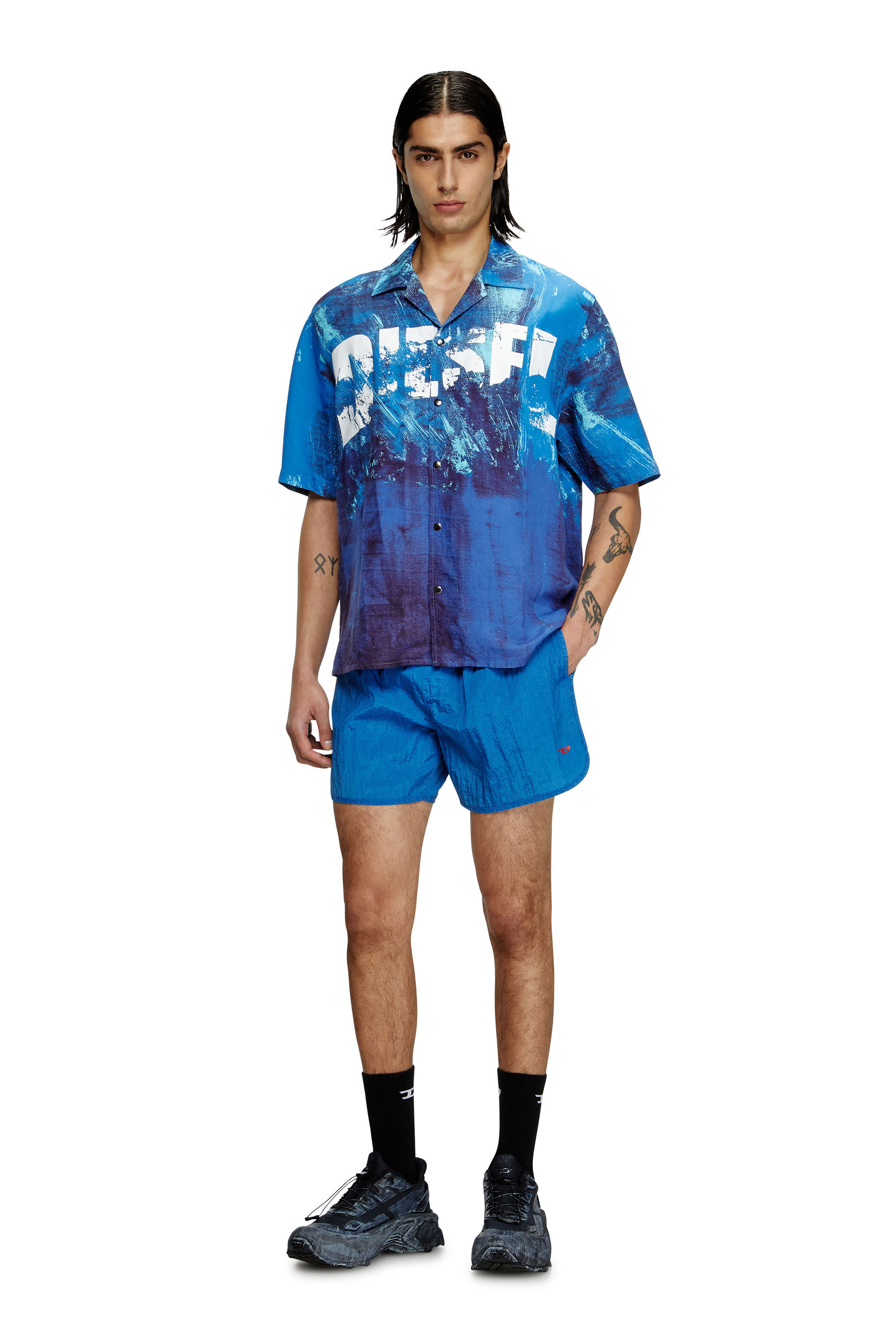 Men's Printed beach shirt in linen blend | Blue | Diesel