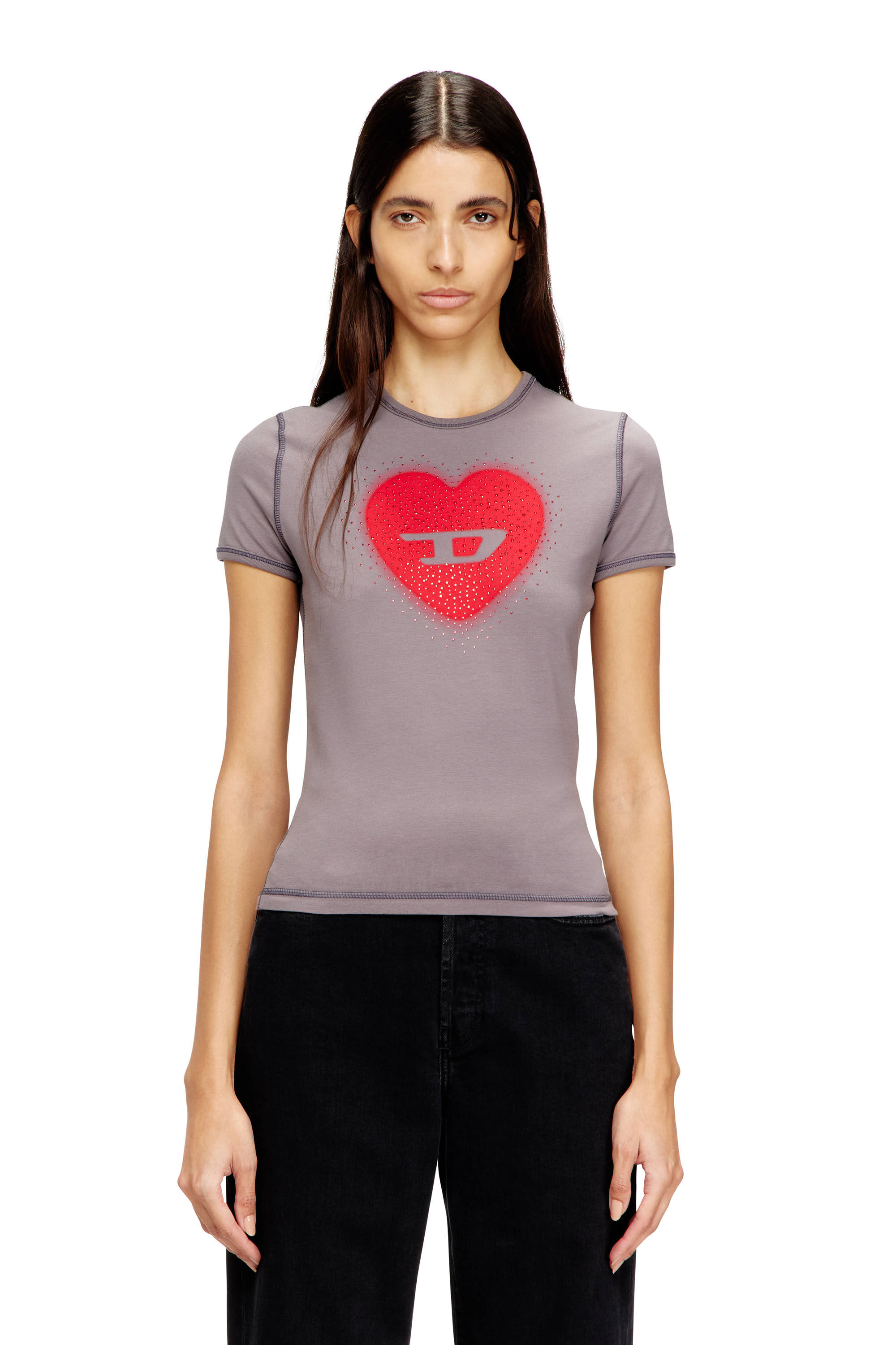 Diesel - T-UNCUTIES-LONG-S5, Woman's Slim T-shirt with heart print and studs in Grey - 3