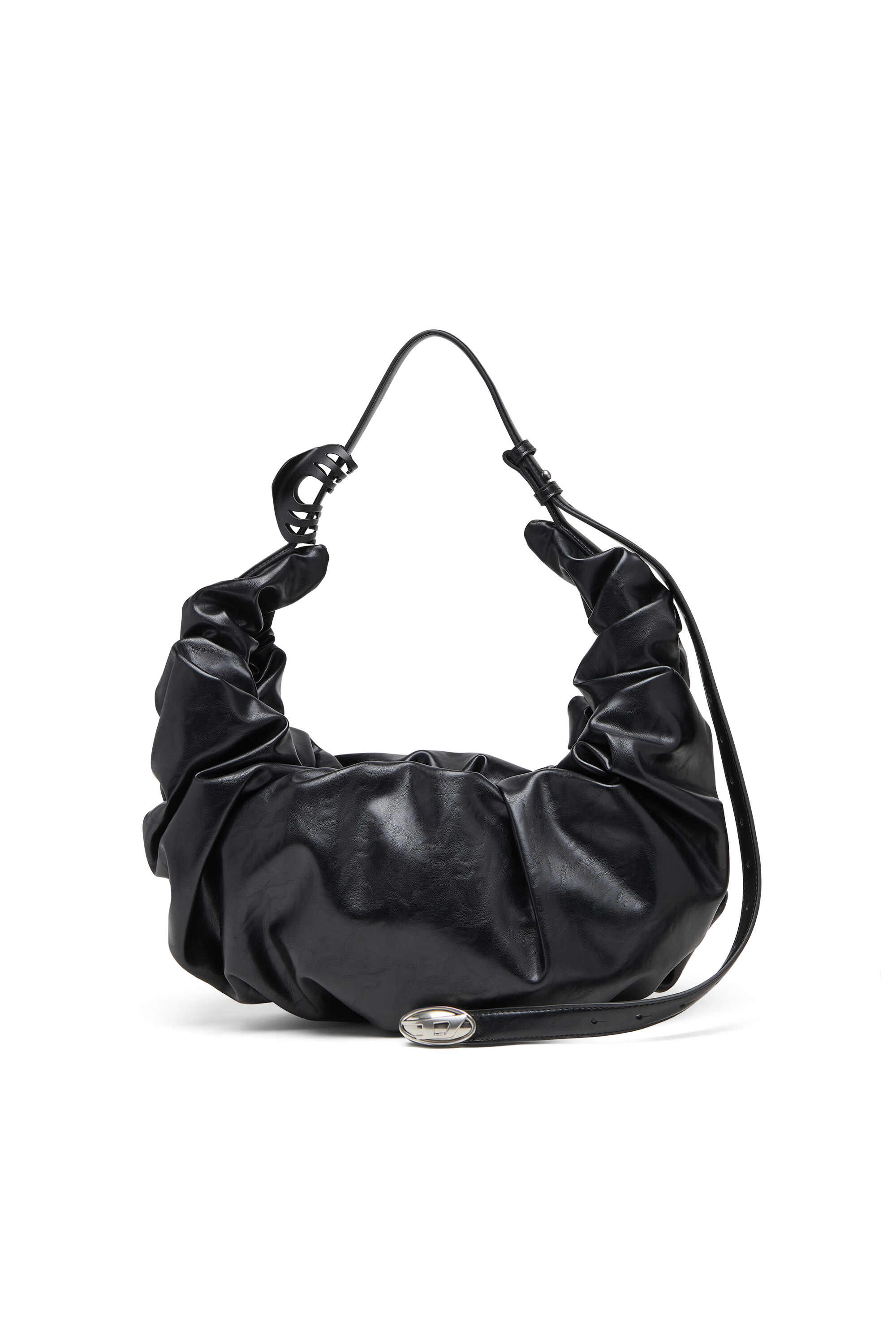Women's Grab-D L-Large scrunched hobo bag in shiny PU | Black | Diesel