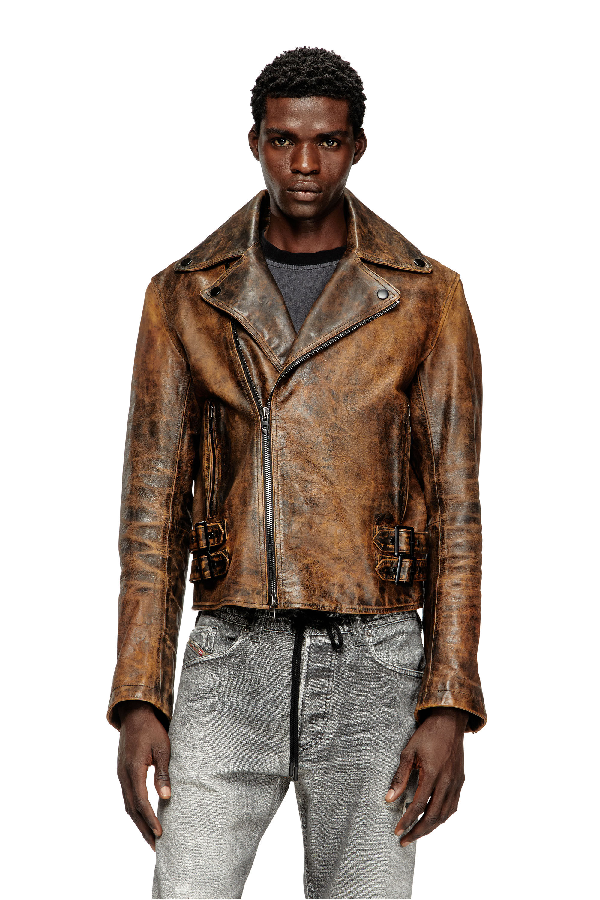 Diesel - L-EON, Man's Biker jacket in treated leather in Brown - 3