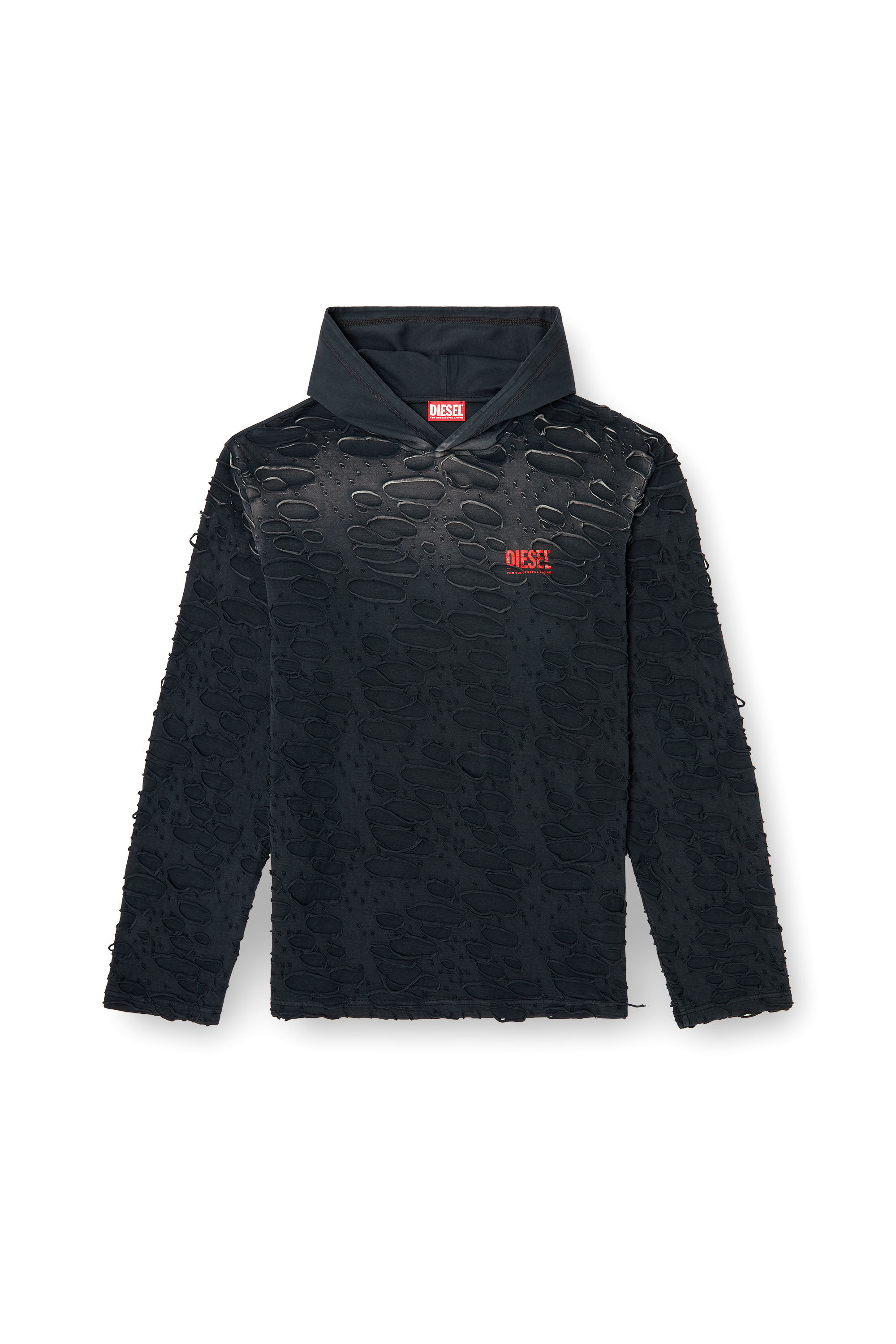 Diesel - T-CRANE-LS-HOOD, Man's Hooded long-sleeve T-shirt with holes in Black - 2