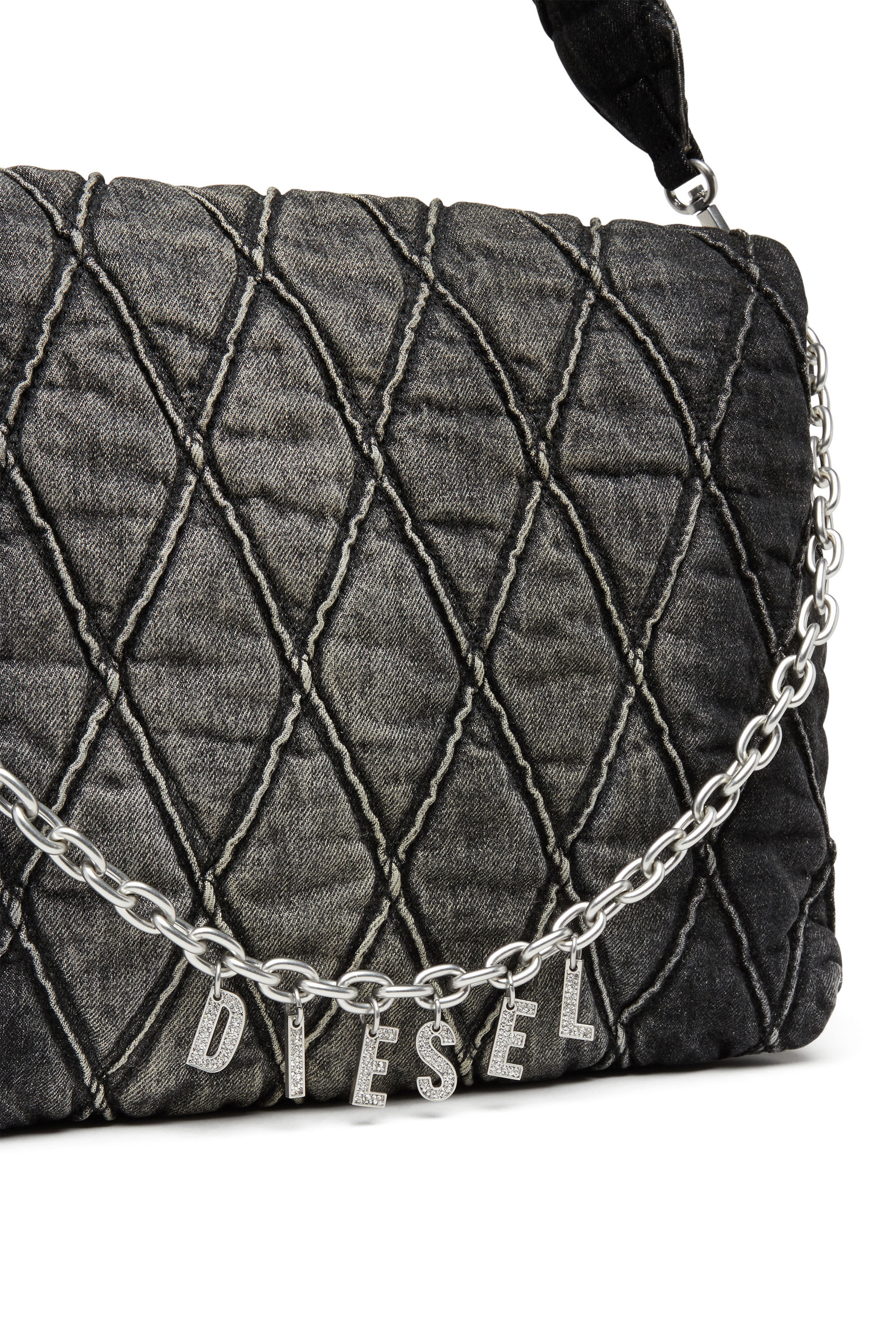 Women's Charm-D Shoulder L bag in quilted Denim | Black | Diesel Women's Charm-D Shoulder L bag in quilted Denim | Black | Diesel