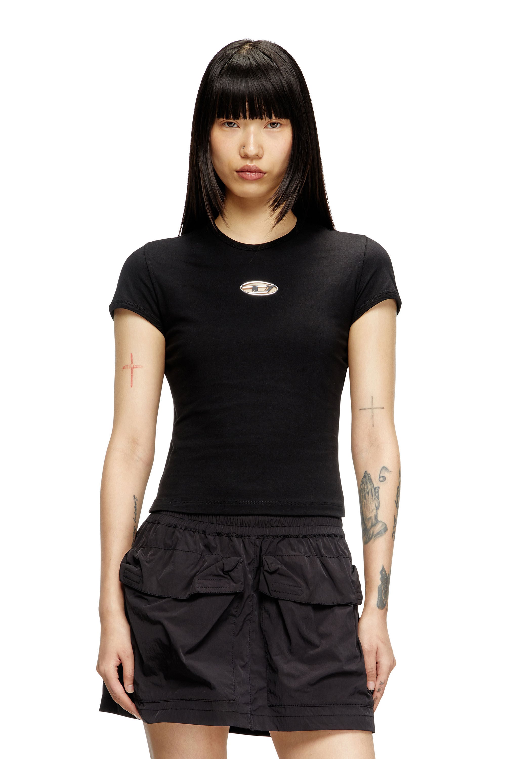 DIESEL ウィメンズTシャツ T-UNCUTIE-LONG-OD-Q1 Women's Slim fit T-shirt with cut-out Oval D | Black | Diesel