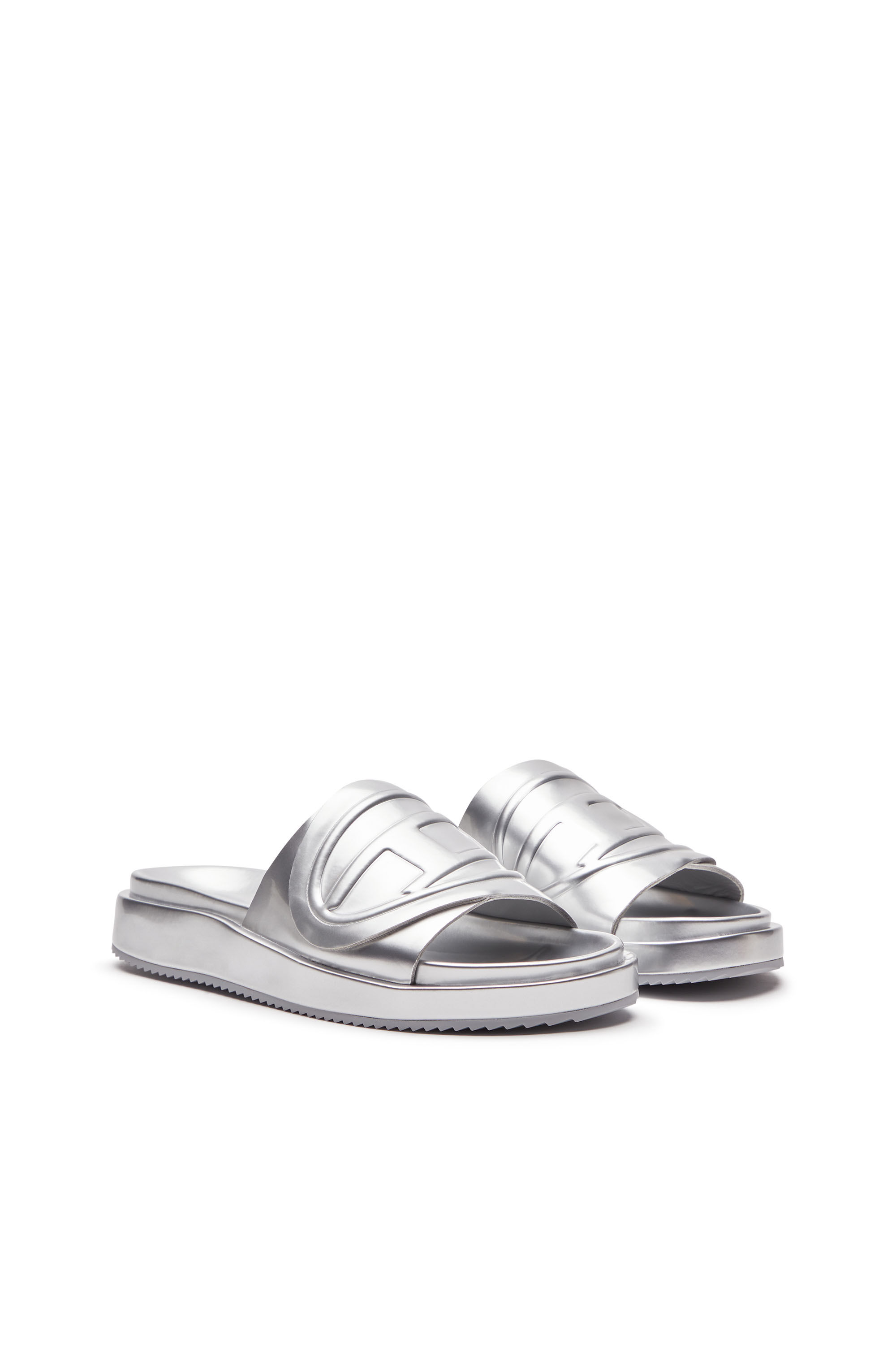 Women s Sa Slide D Metallic slide sandals with Oval D strap Silver Diesel