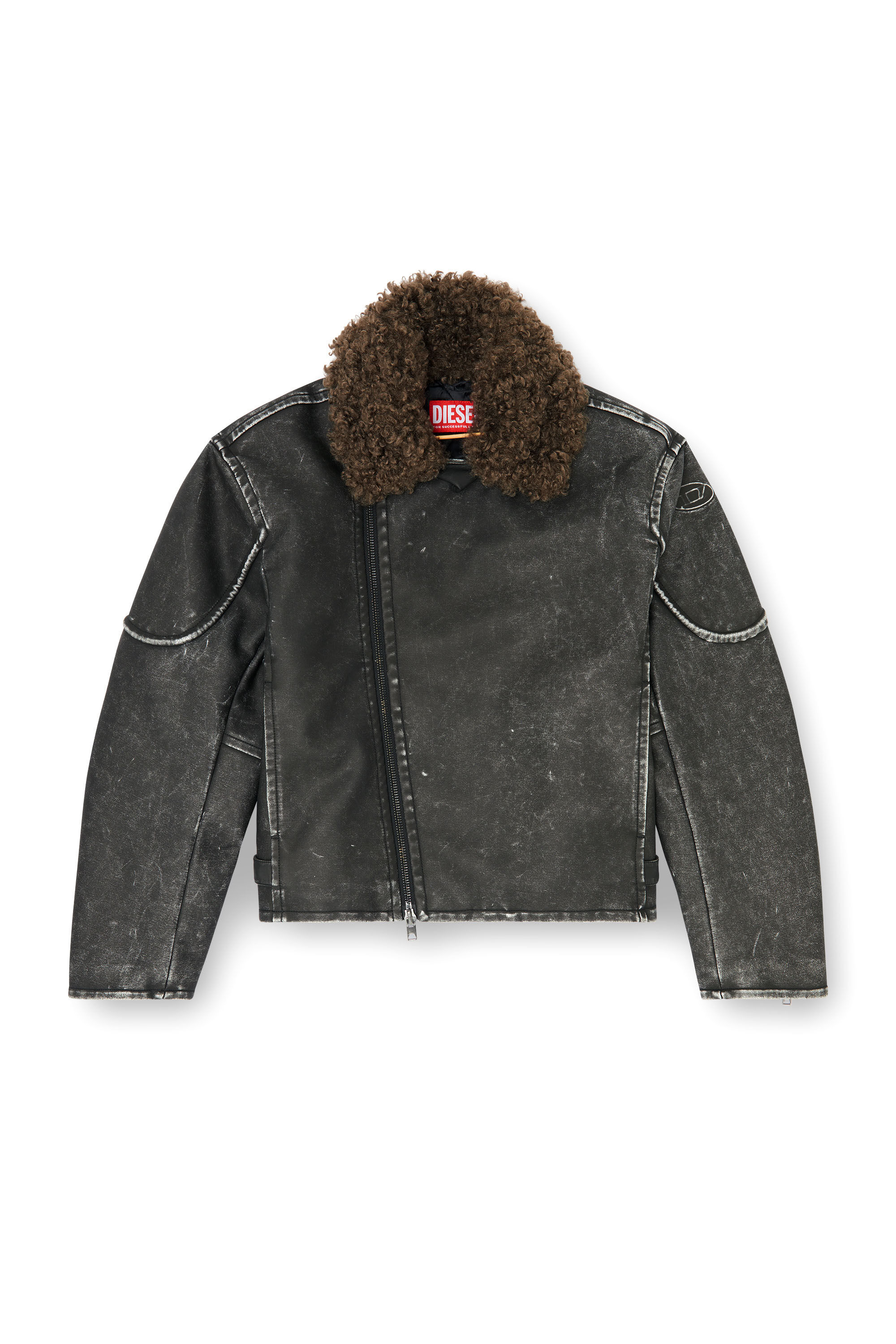 Diesel - W-ALEX, Man's Biker jacket with detachable collar in Dark grey - 2