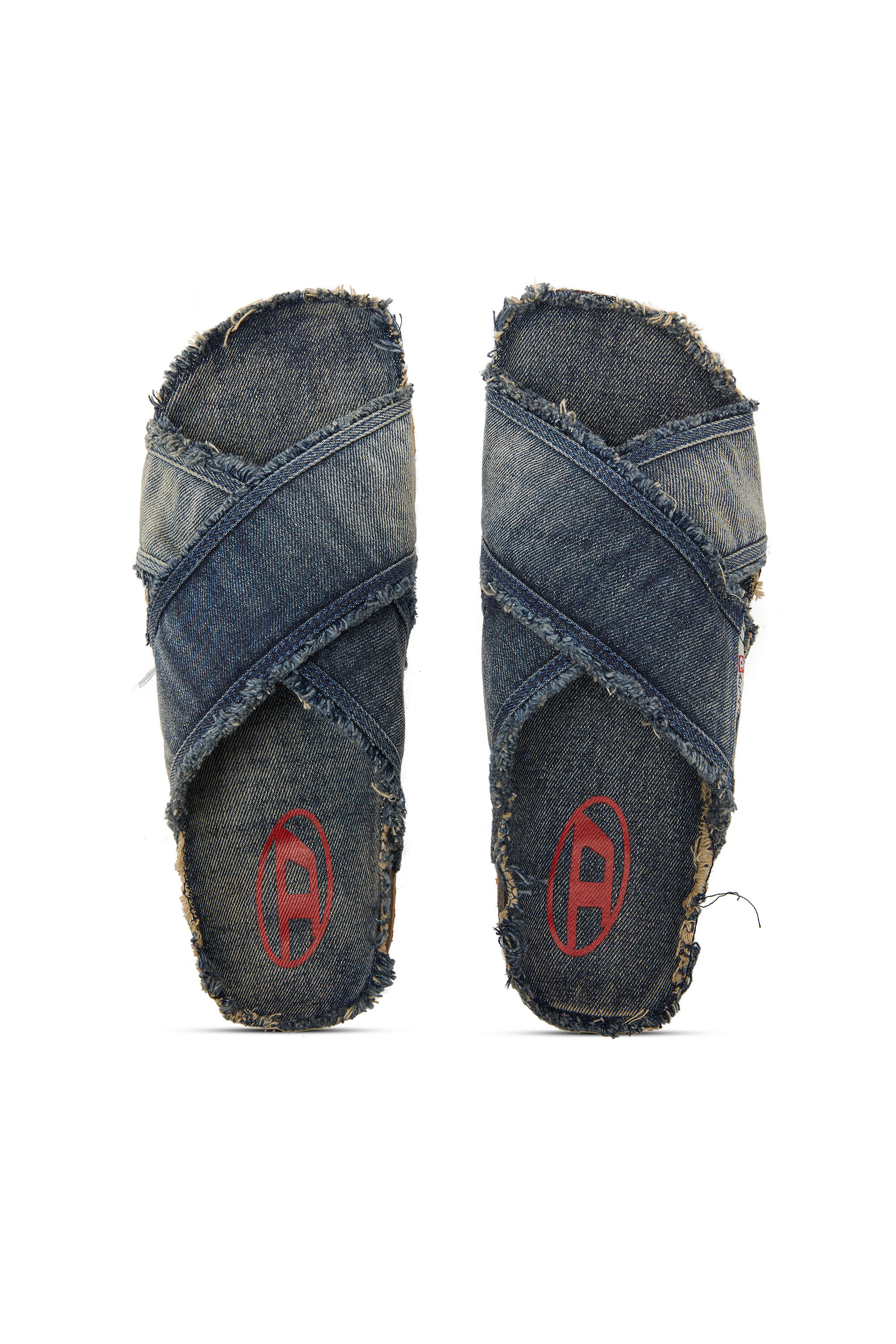 Diesel - D-WOODSTOCK CROSS, Man's D-Woodstock-Crossover slides in frayed denim in Medium blue - 4