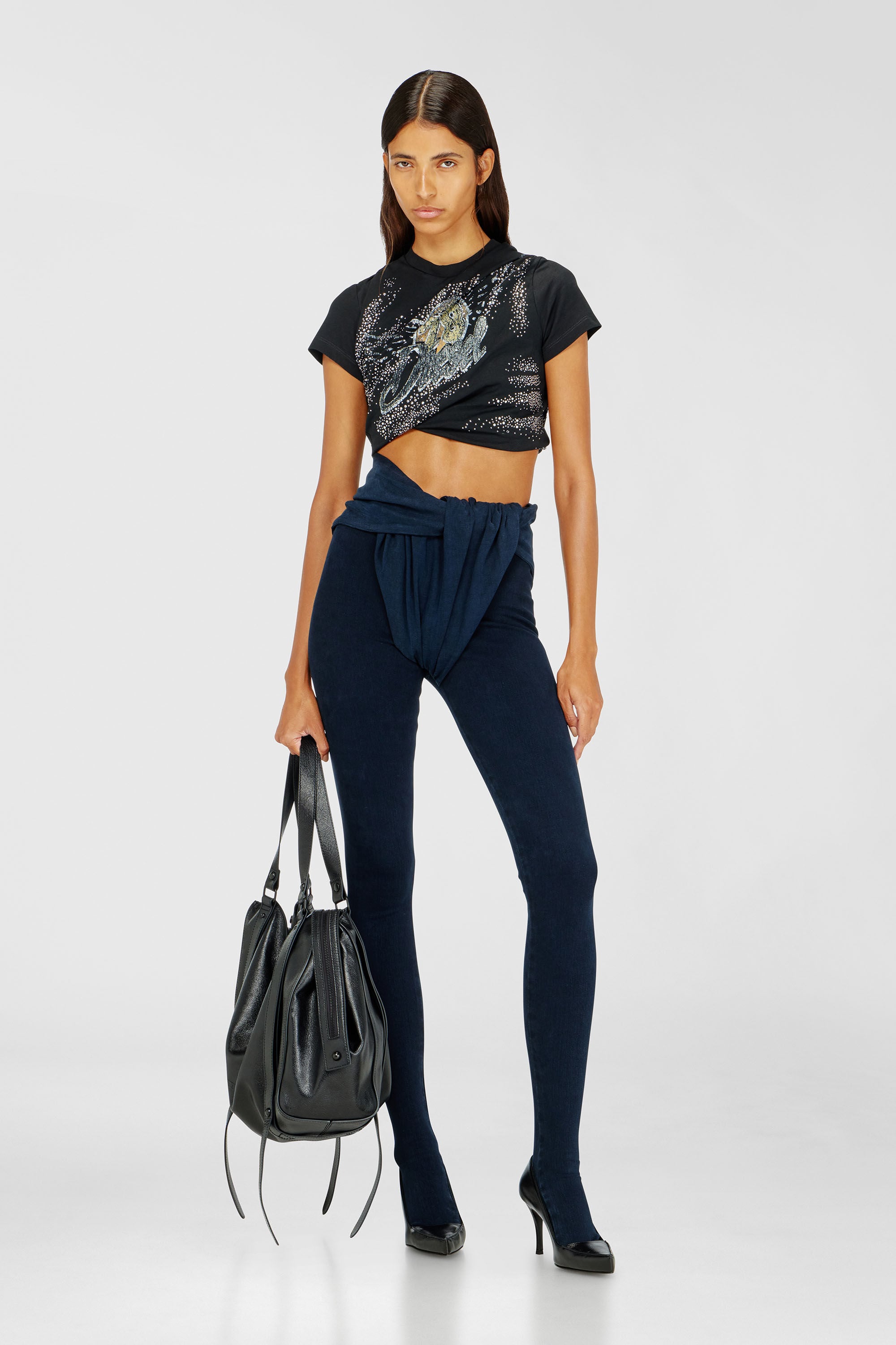 Diesel - T-WINCY, Woman's Rucked-up T-shirt in double-layer jersey in Black - 1