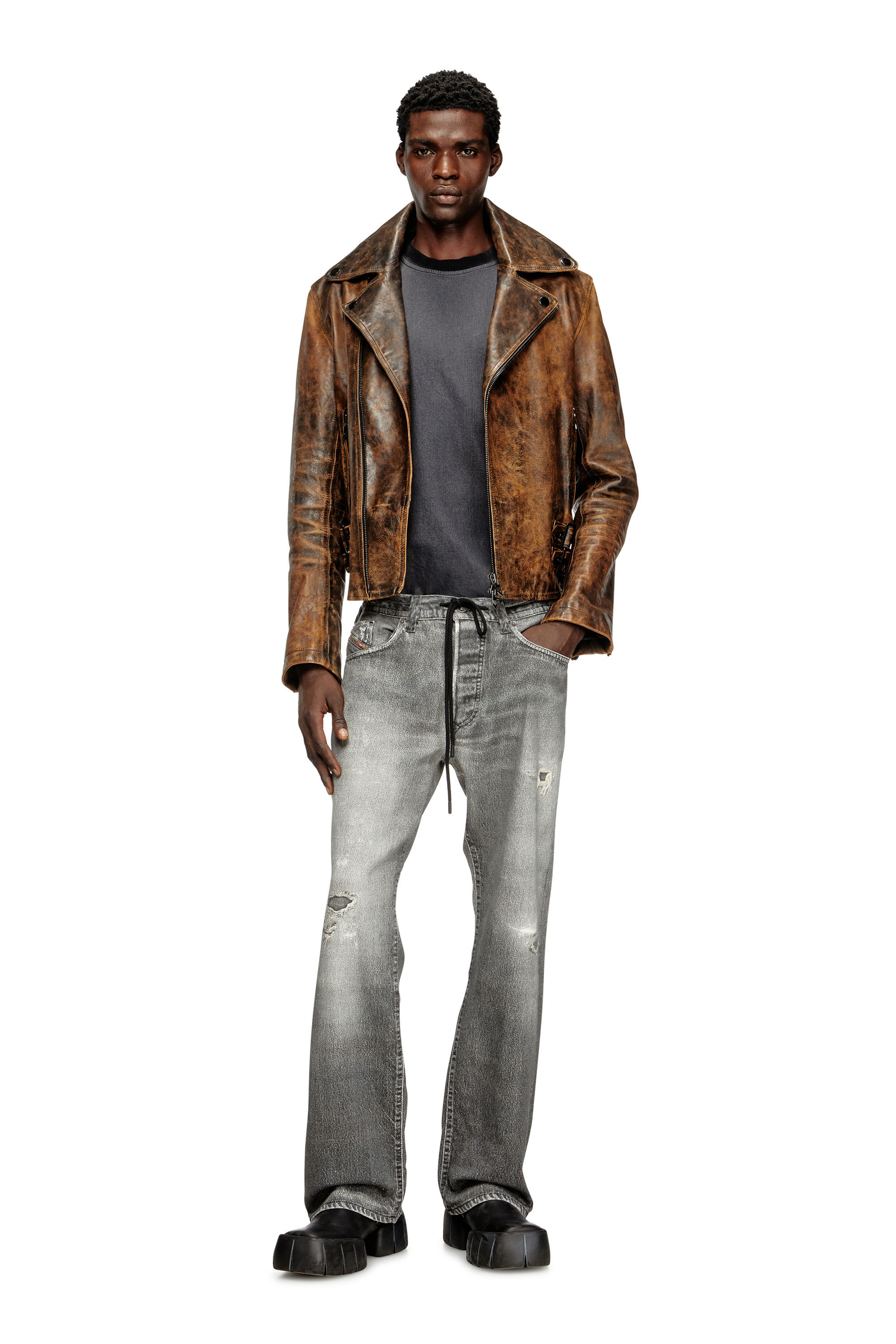 Men's Biker jacket in treated leather | Brown | Diesel KR