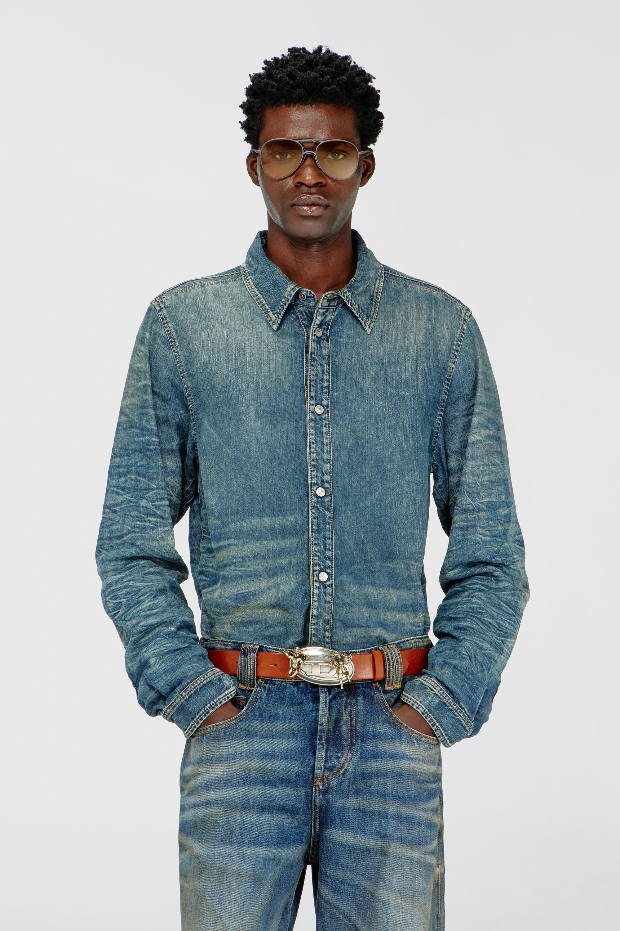 Diesel - D-SYNAR-FSJ4, Man's Shirt in dirty-effect creased denim in Medium blue - 3