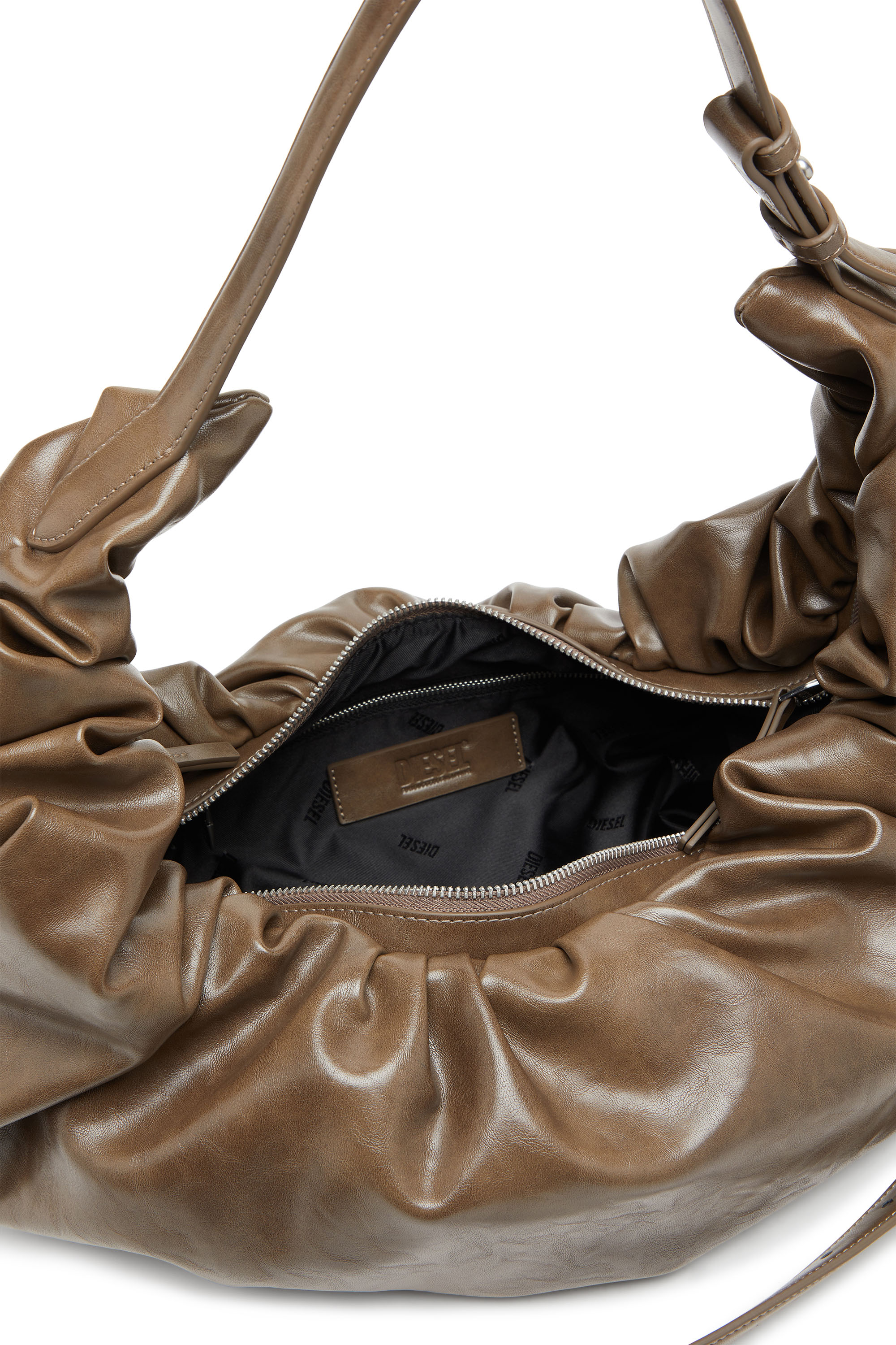 Diesel - GRAB-D HOBO L, Woman's Grab-D L-Large scrunched hobo bag in shiny PU in Beige - 3