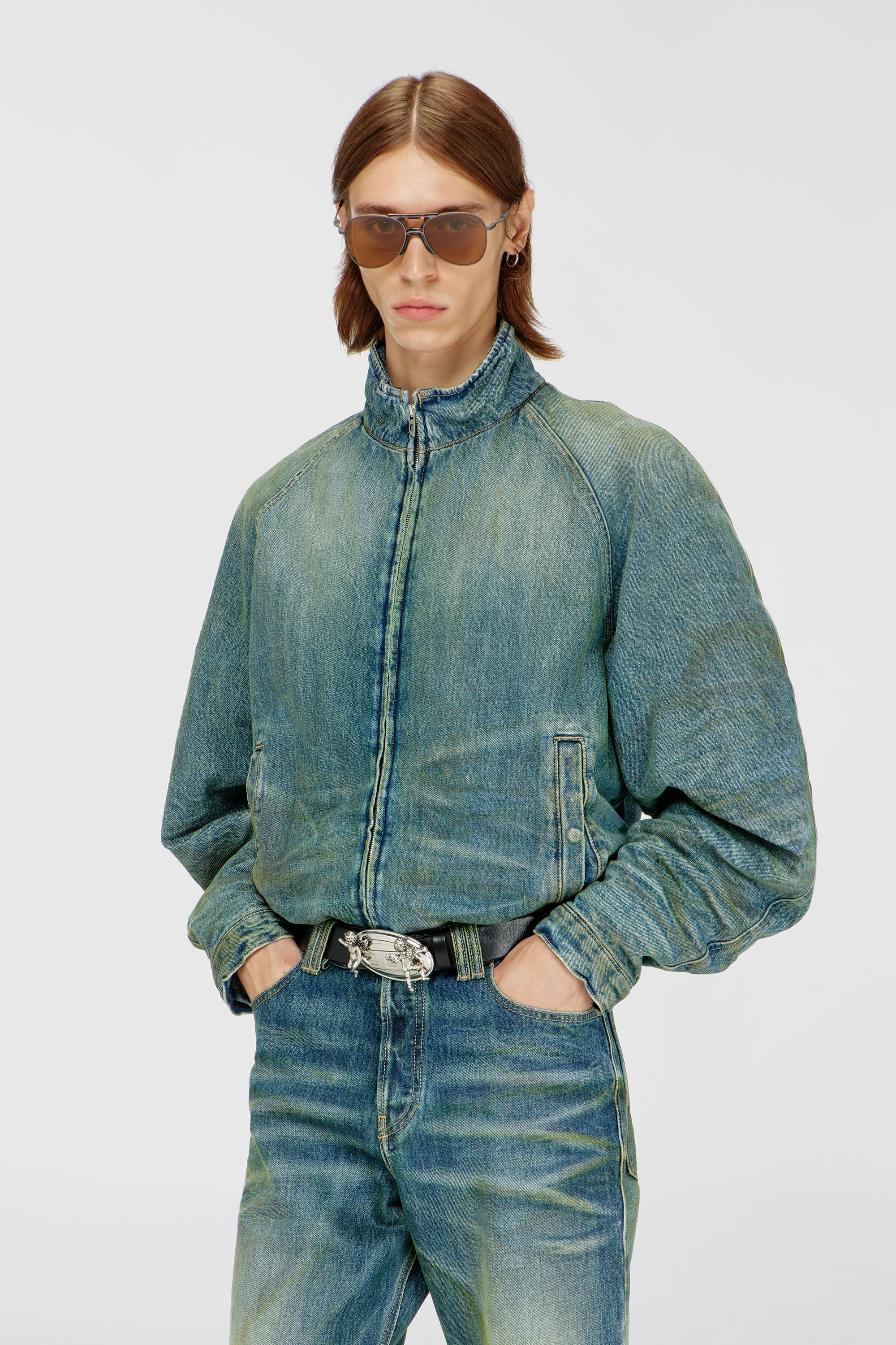 Diesel - D-BARUS-FSJ2, Man's Padded jacket in dirty-effect creased denim in Medium blue - 1