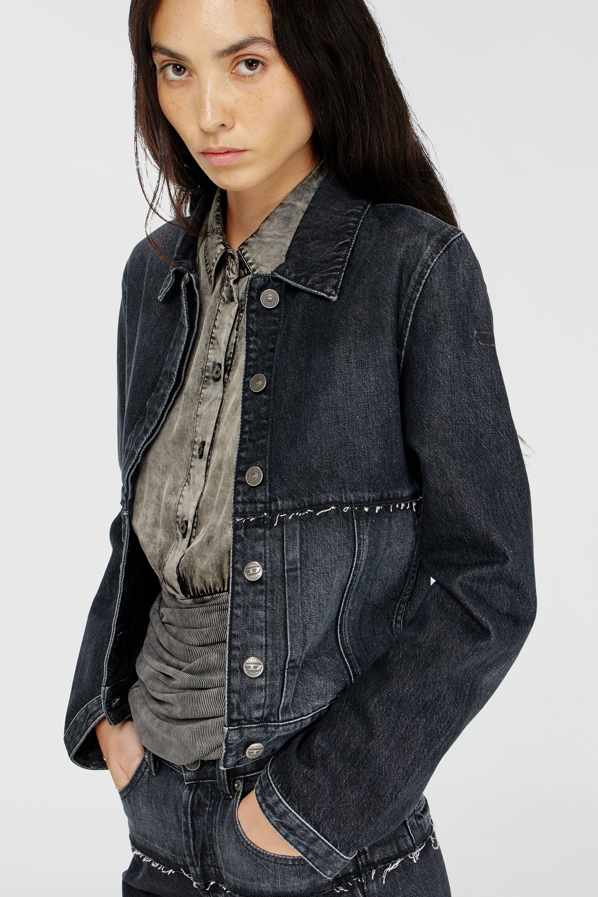 Diesel - DE-KATO-SE, Woman's Jacket in sectioned denim in Black/Dark grey - 1