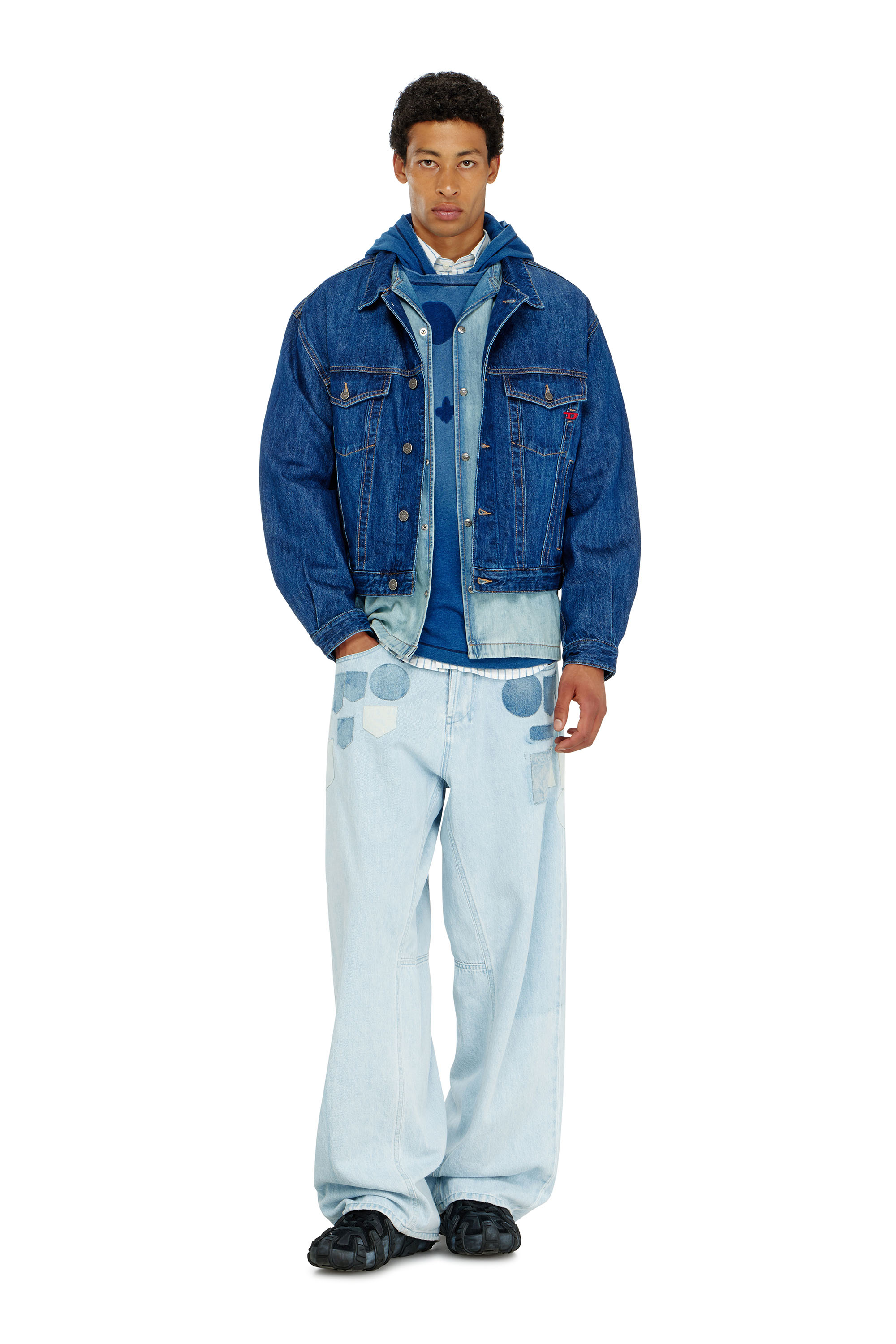 Diesel - T-NOX-LS-HOOD, Man's Hooded long-sleeve T-shirt with shadow-effect patches in Medium blue - 2