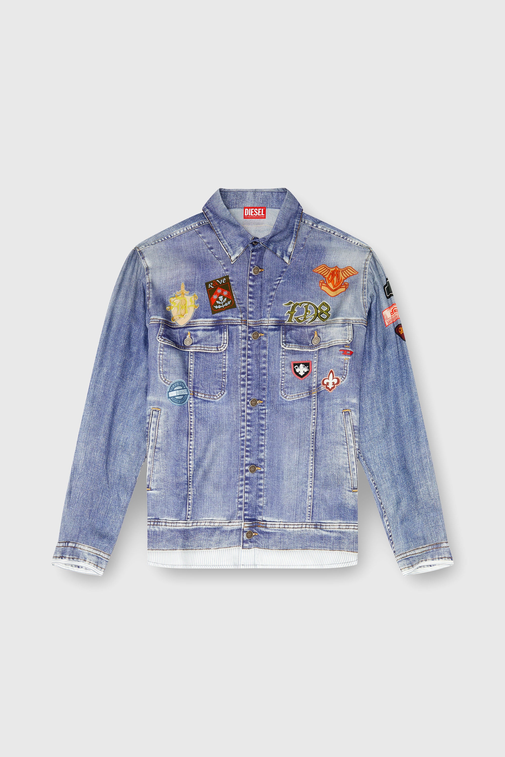 Diesel - S-SIMPLY-PATCH, Man's Satin shirt with trompe-l'oeil denim print in Medium blue - 2