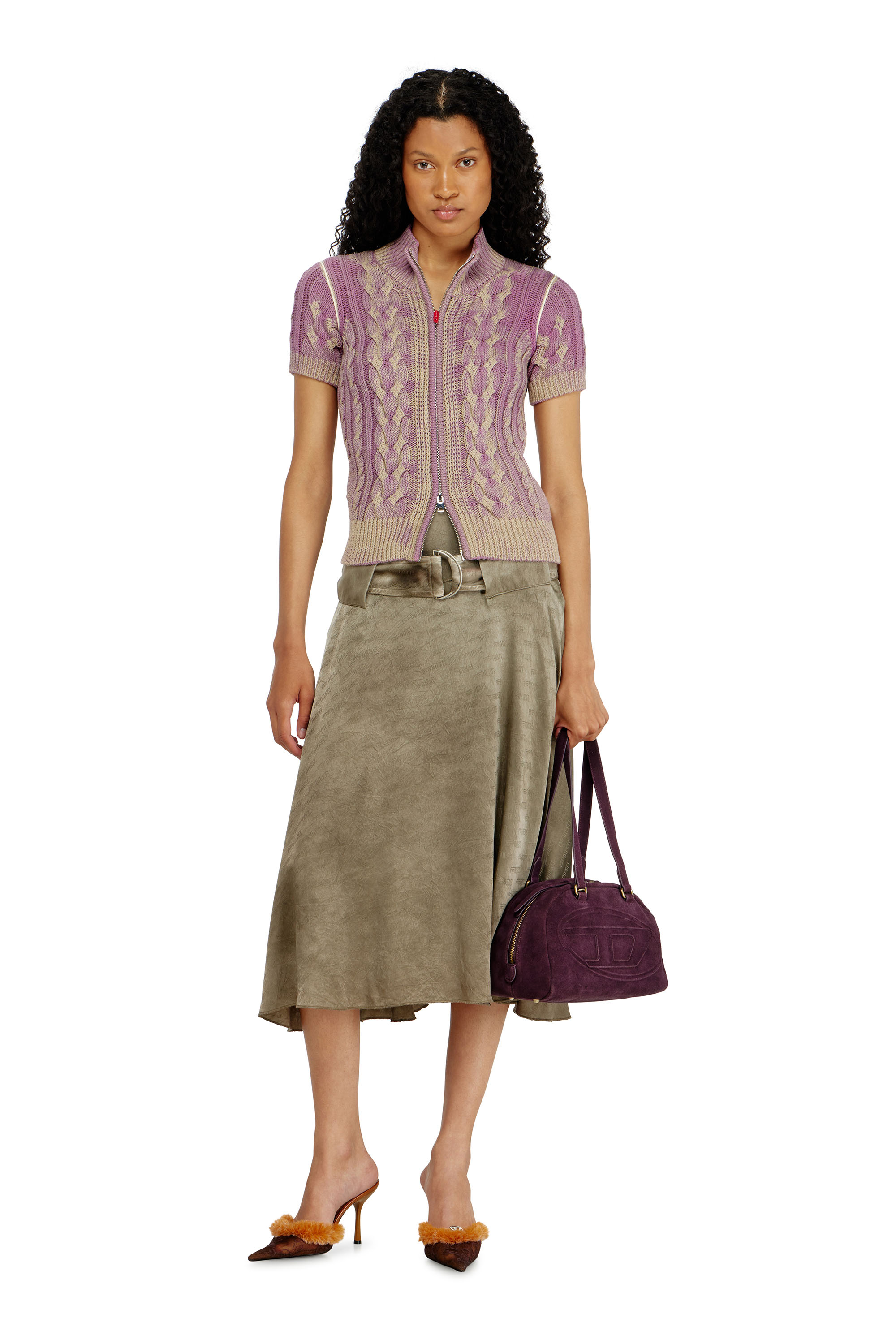 Diesel - M-ELANA, Woman's Short-sleeve zip cardigan in cable knit in Violet - 1