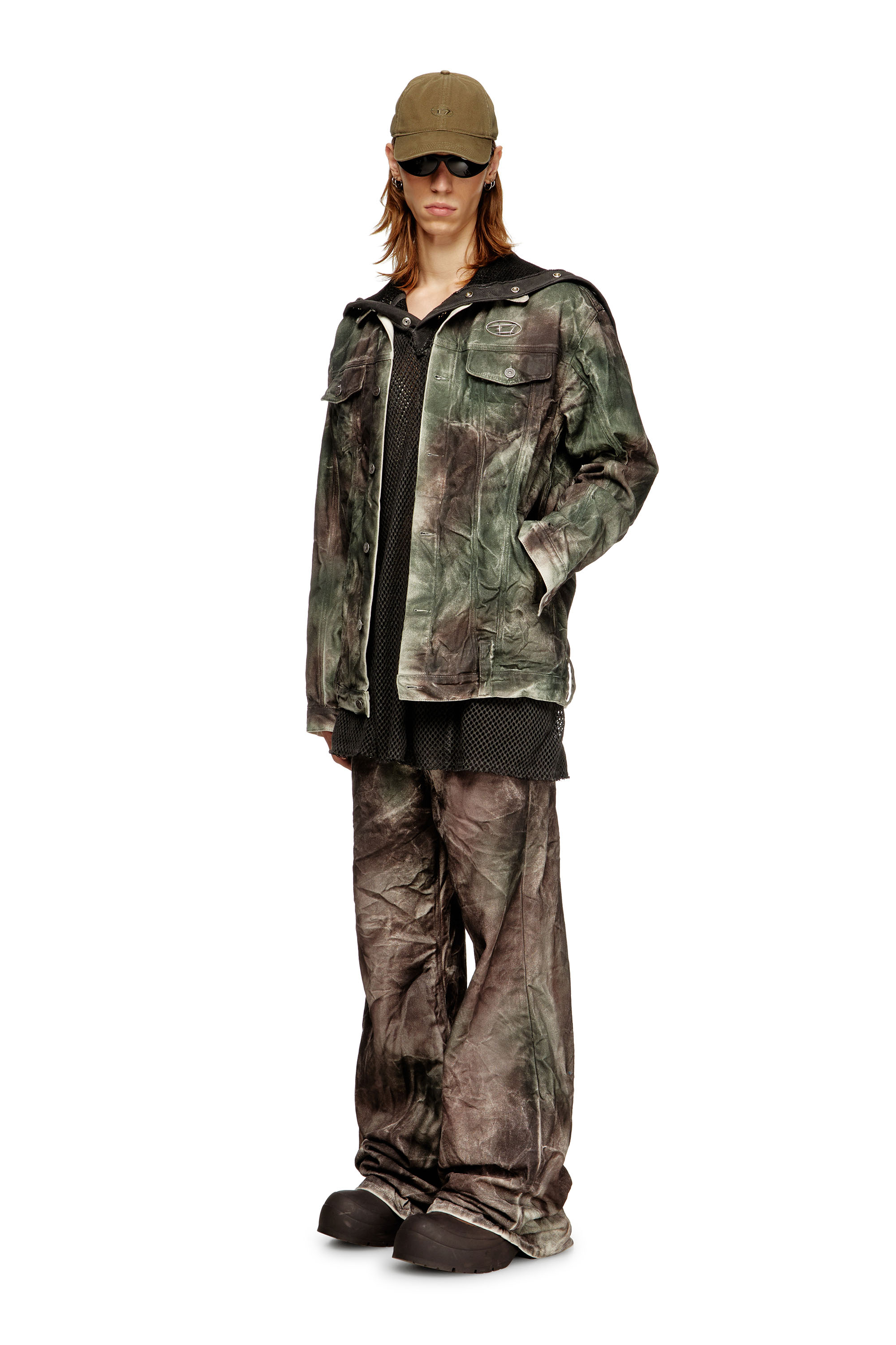 Diesel - J-THUG-JKT, Unisex's Trucker jacket in crinkled camo canvas in Brown/Green - 1