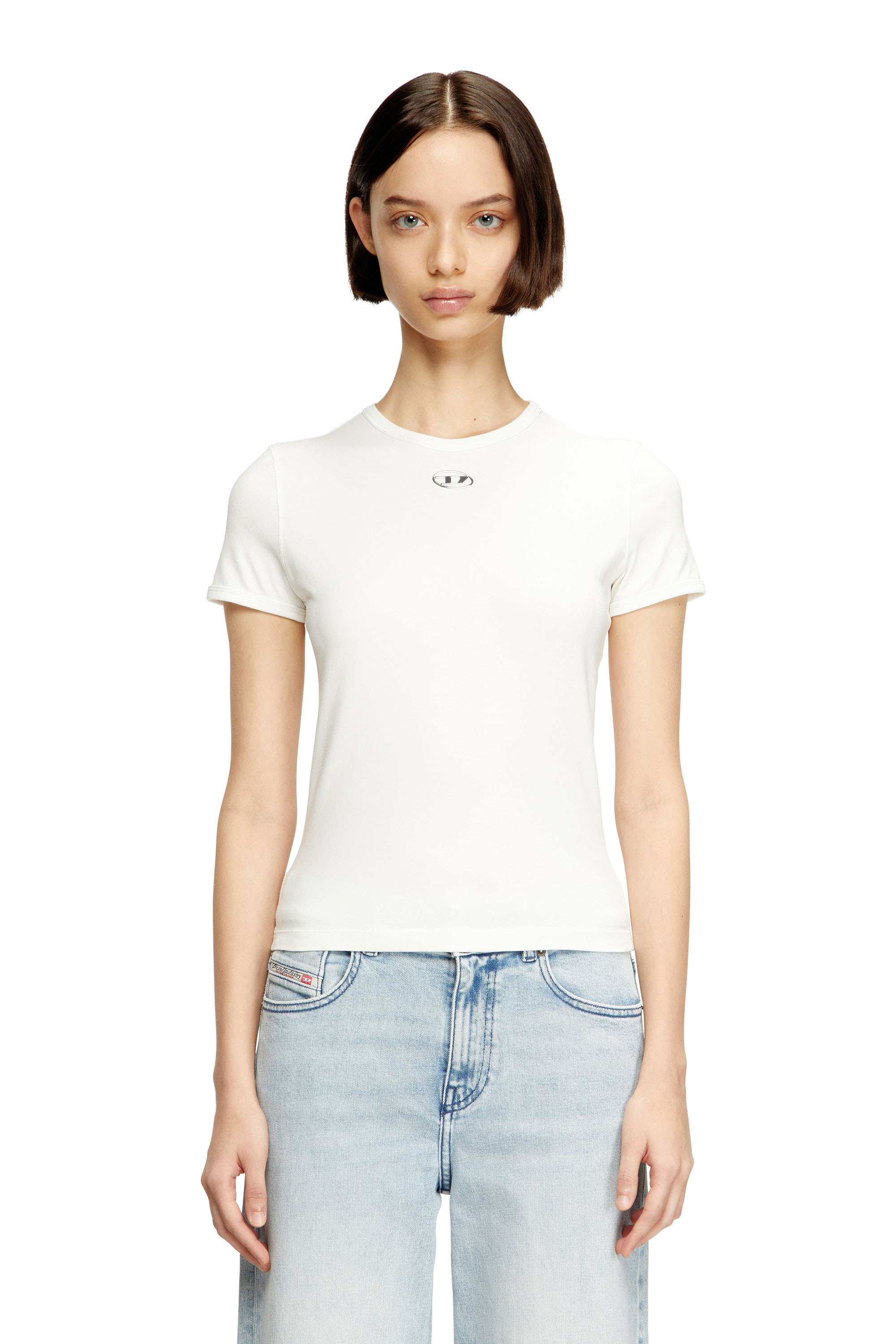Diesel - T-UNCUTIESLONG-OD, Woman's Slim-fit T-shirt with metallic Oval D in White - 1